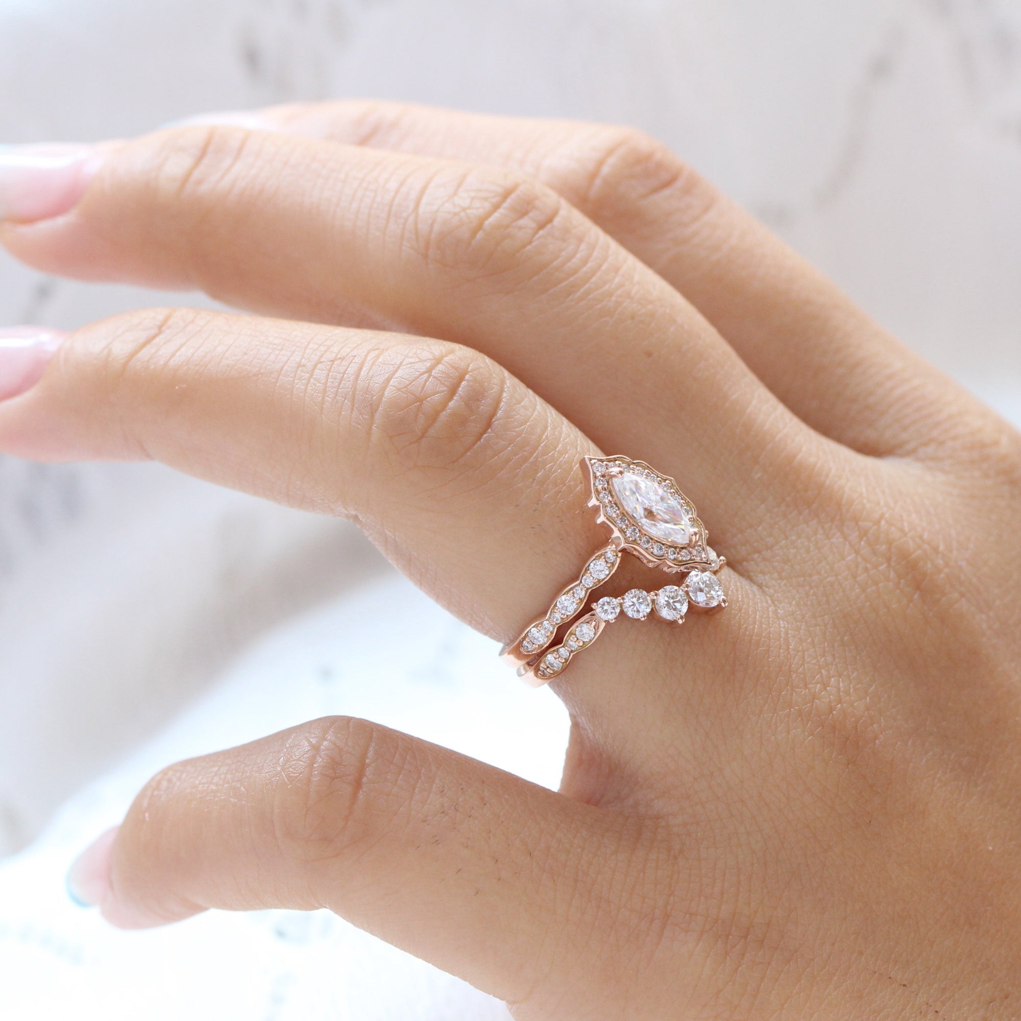 Vintage marquise moissanite ring rose gold large 7 diamond u shaped wedding band stacking rings la more design jewelry
