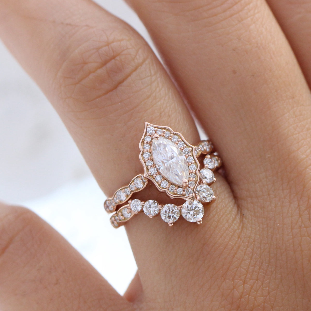 Vintage marquise moissanite ring rose gold large 7 diamond u shaped wedding band stacking rings la more design jewelry