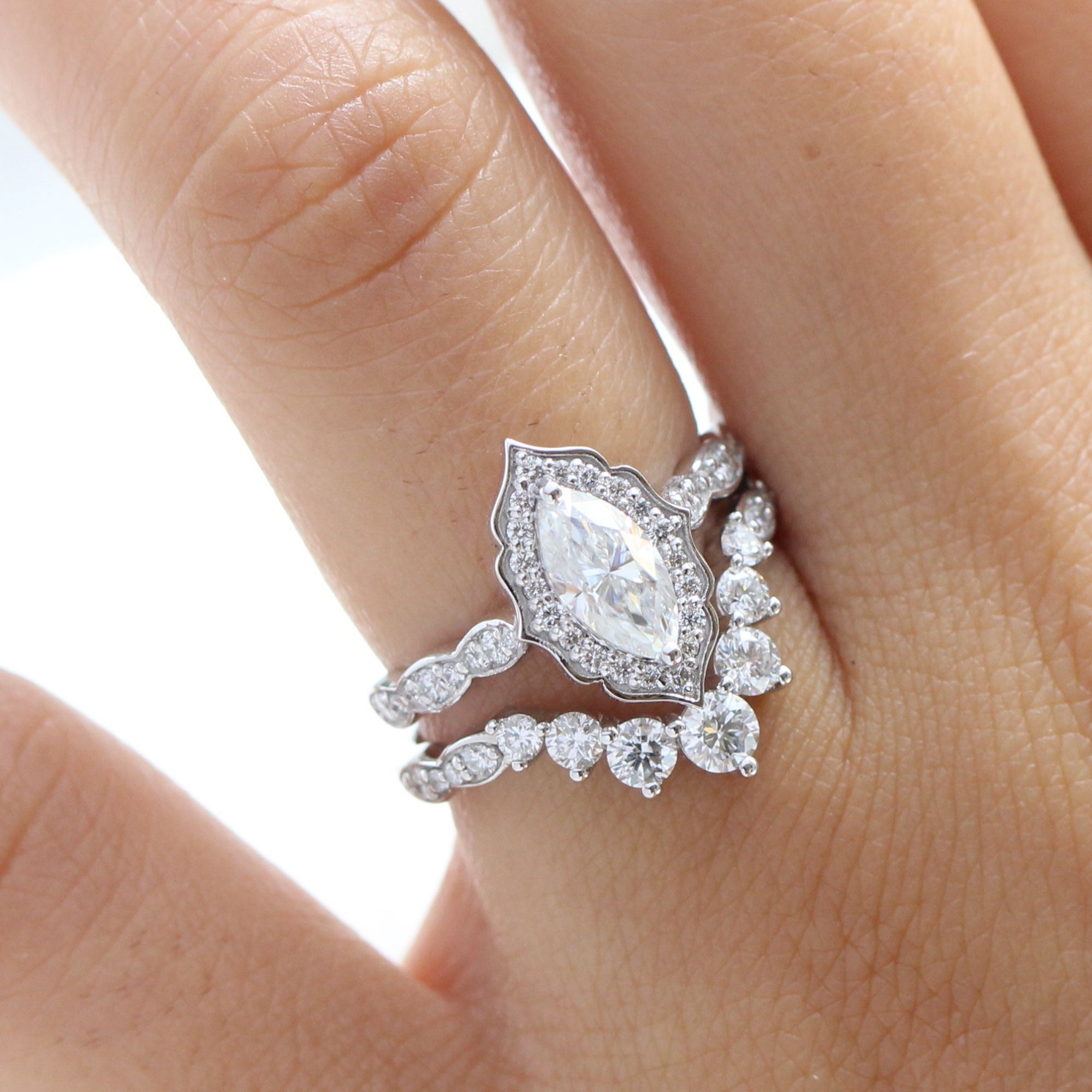 Vintage marquise moissanite ring white gold large 7 diamond u shaped wedding band stacking rings la more design jewelry