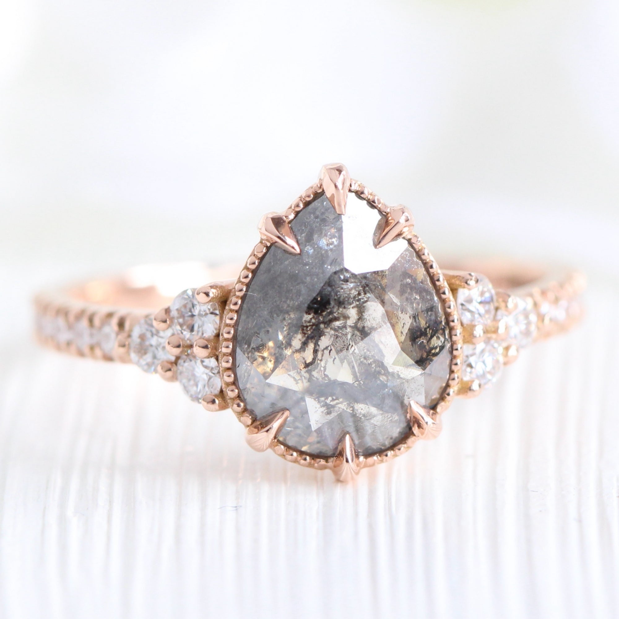 Vintage salt and pepper diamond ring rose gold 3 stone pear ring la more design jewelry