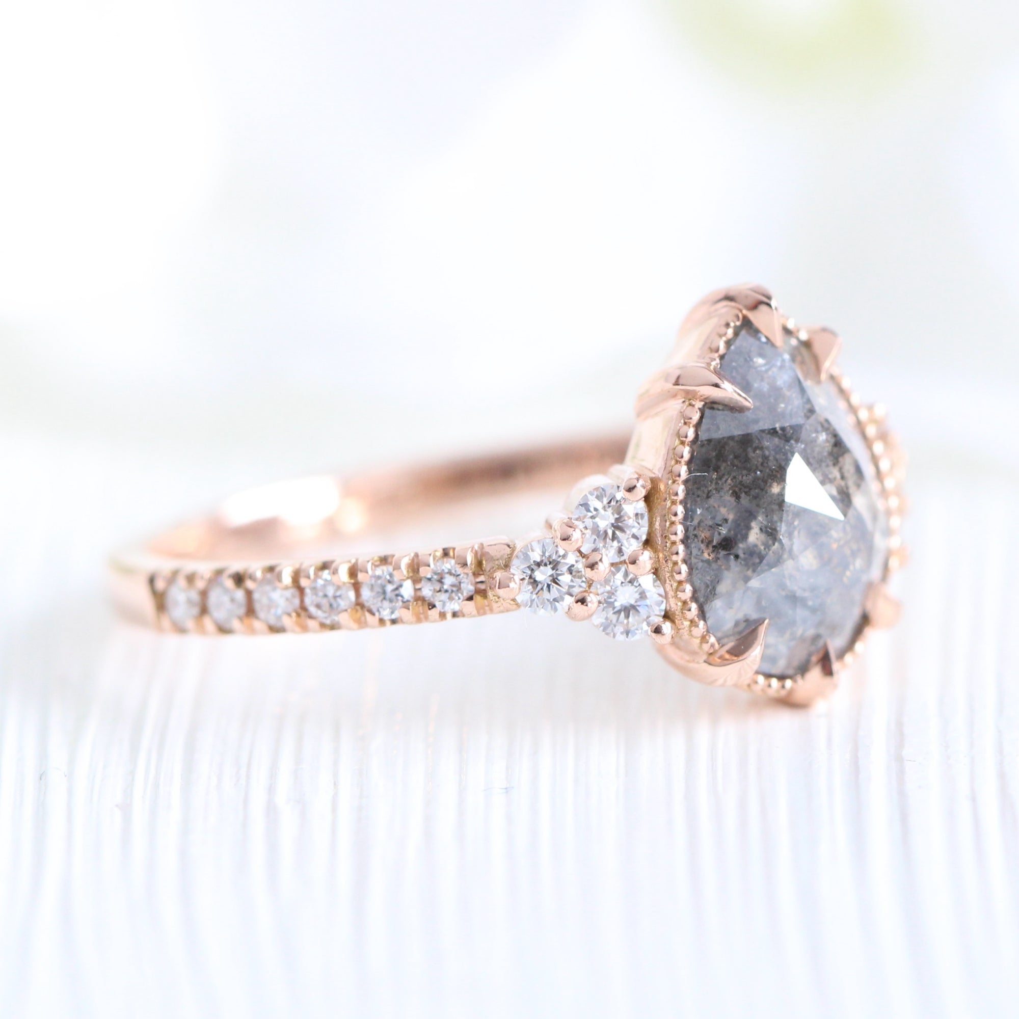 Vintage salt and pepper diamond ring rose gold 3 stone pear ring la more design jewelry