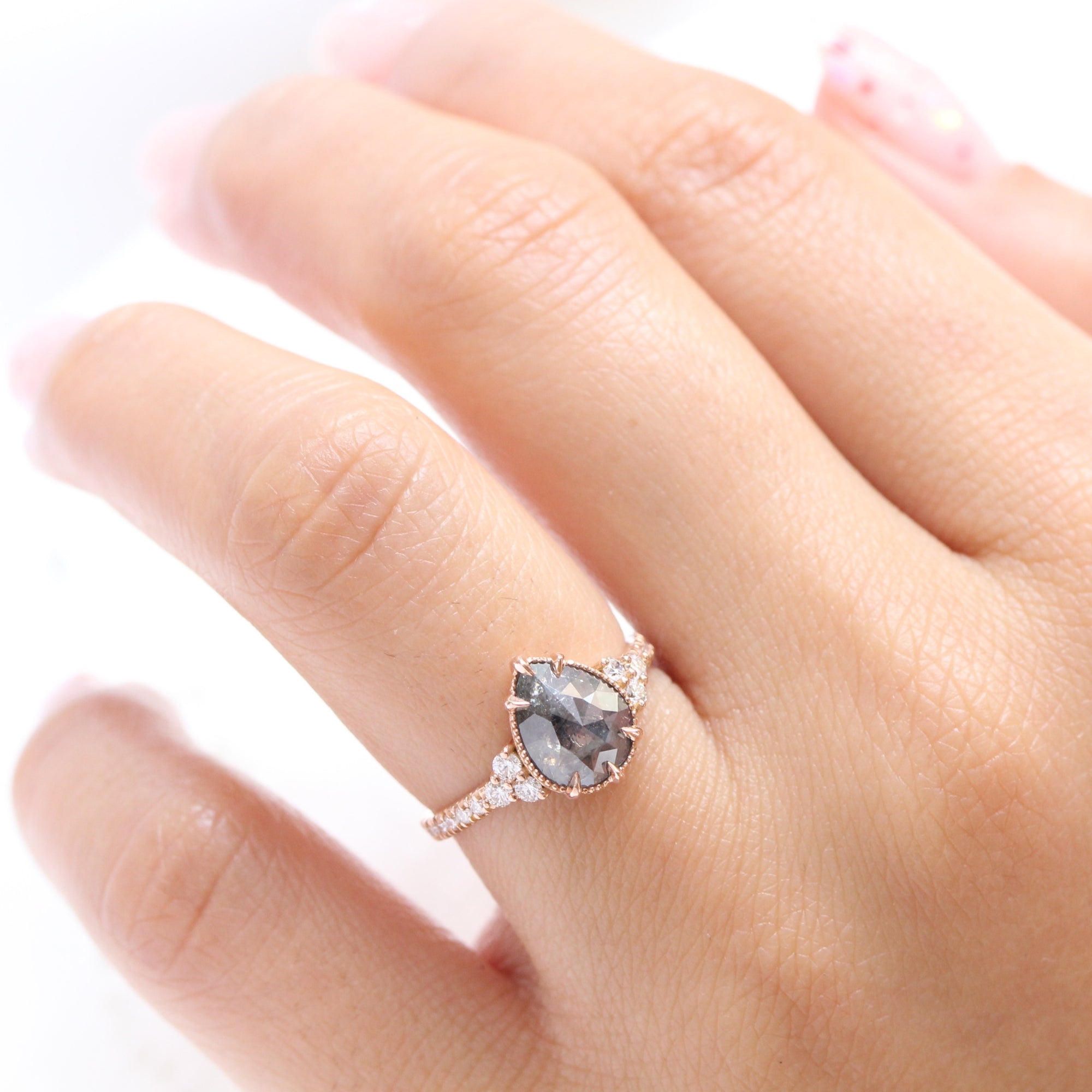 Vintage salt and pepper diamond ring rose gold 3 stone pear ring la more design jewelry