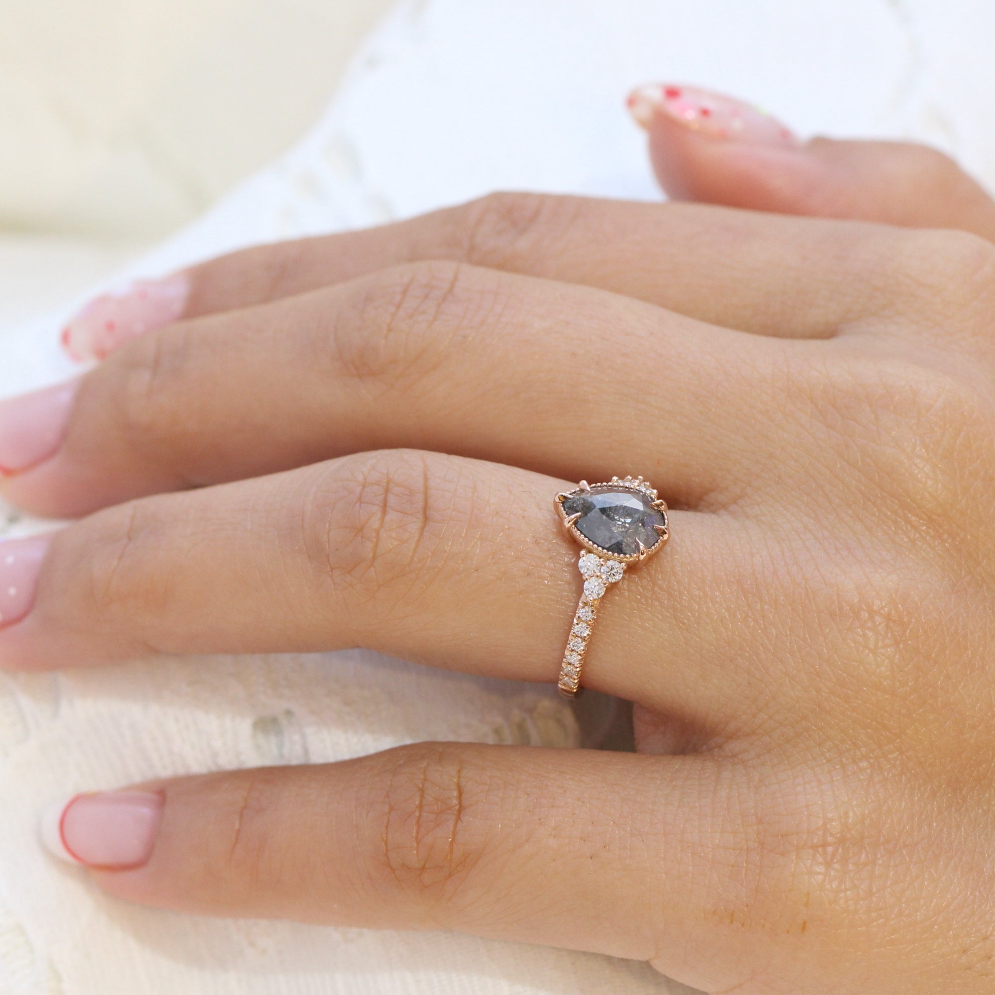 Vintage salt and pepper diamond ring rose gold 3 stone pear ring la more design jewelry