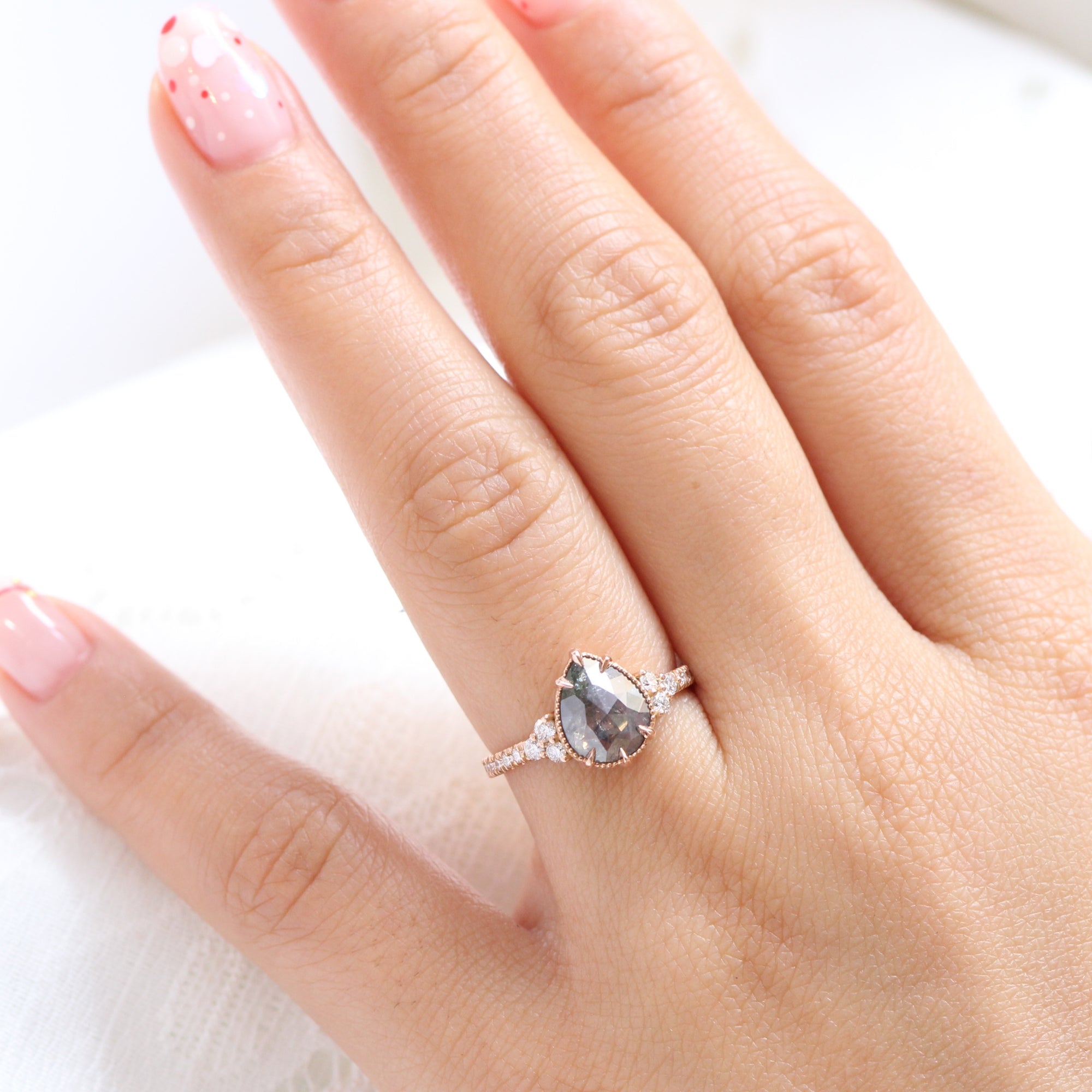 Vintage salt and pepper diamond ring rose gold 3 stone pear ring la more design jewelry