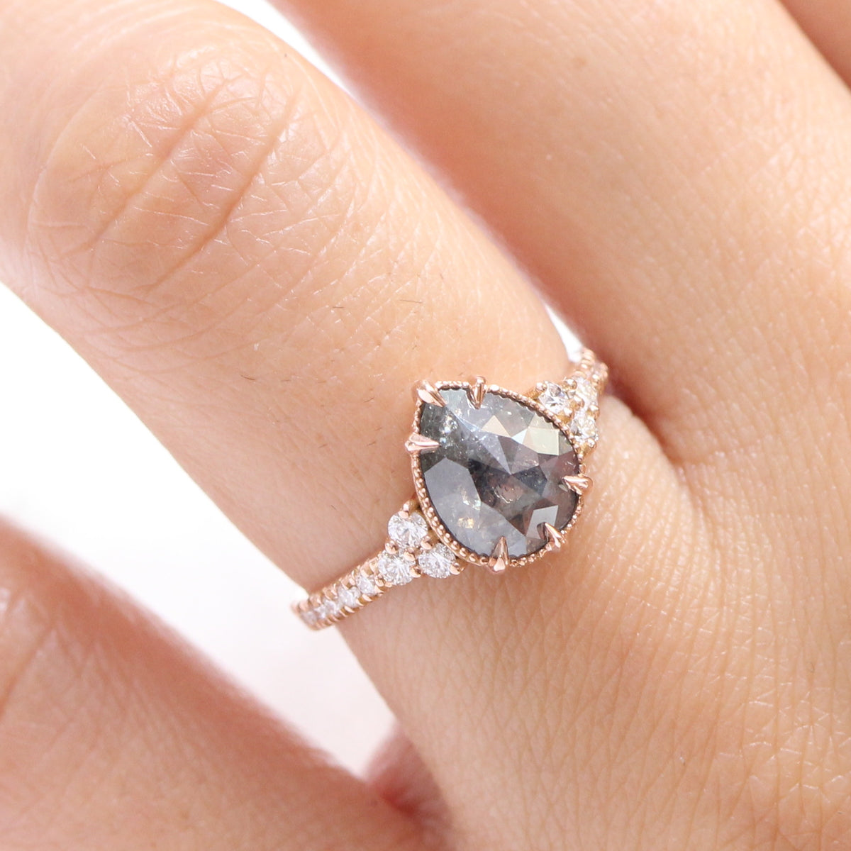 Vintage salt and pepper diamond ring rose gold 3 stone pear ring la more design jewelry