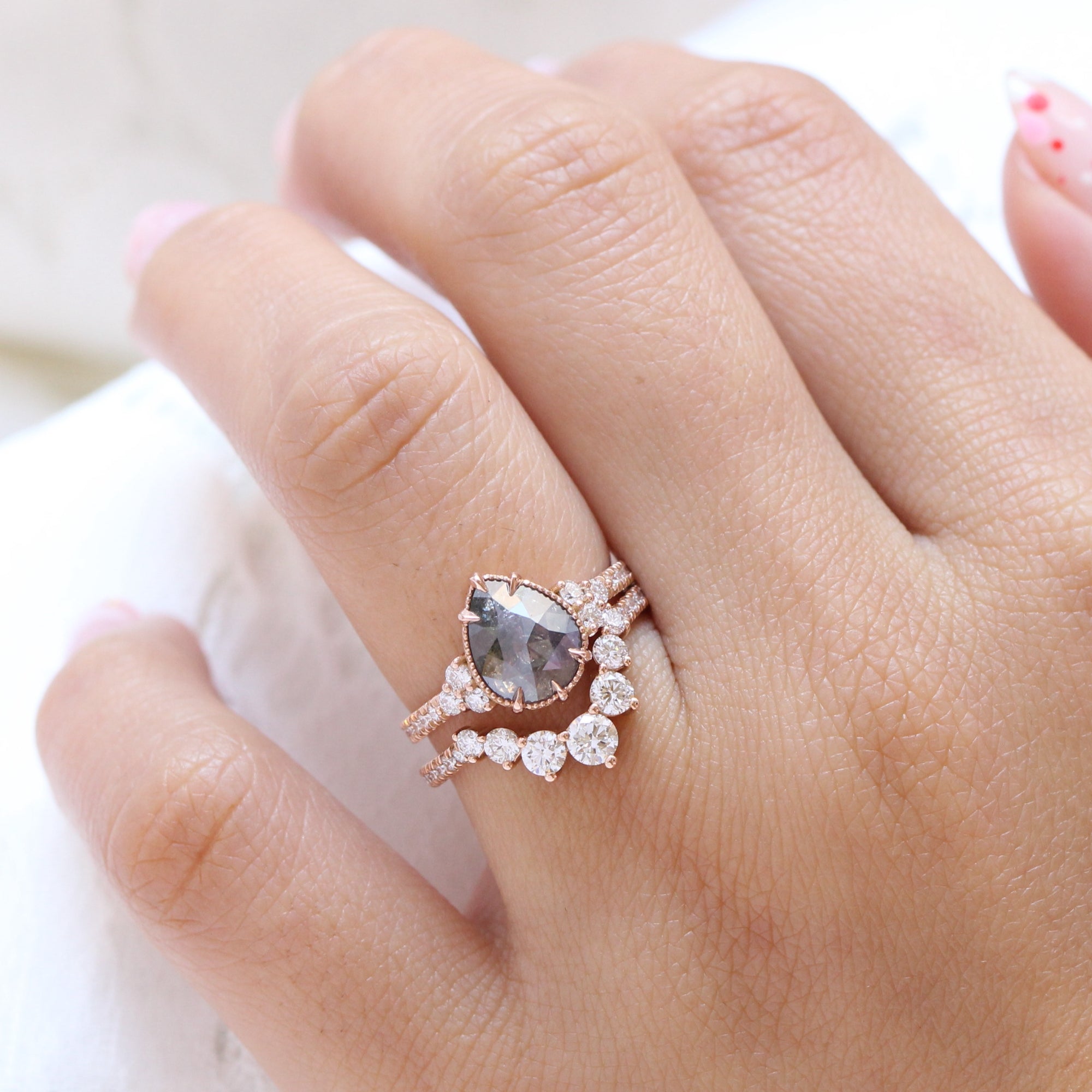 Vintage salt and pepper diamond ring rose gold 3 stone pear ring la more design jewelry