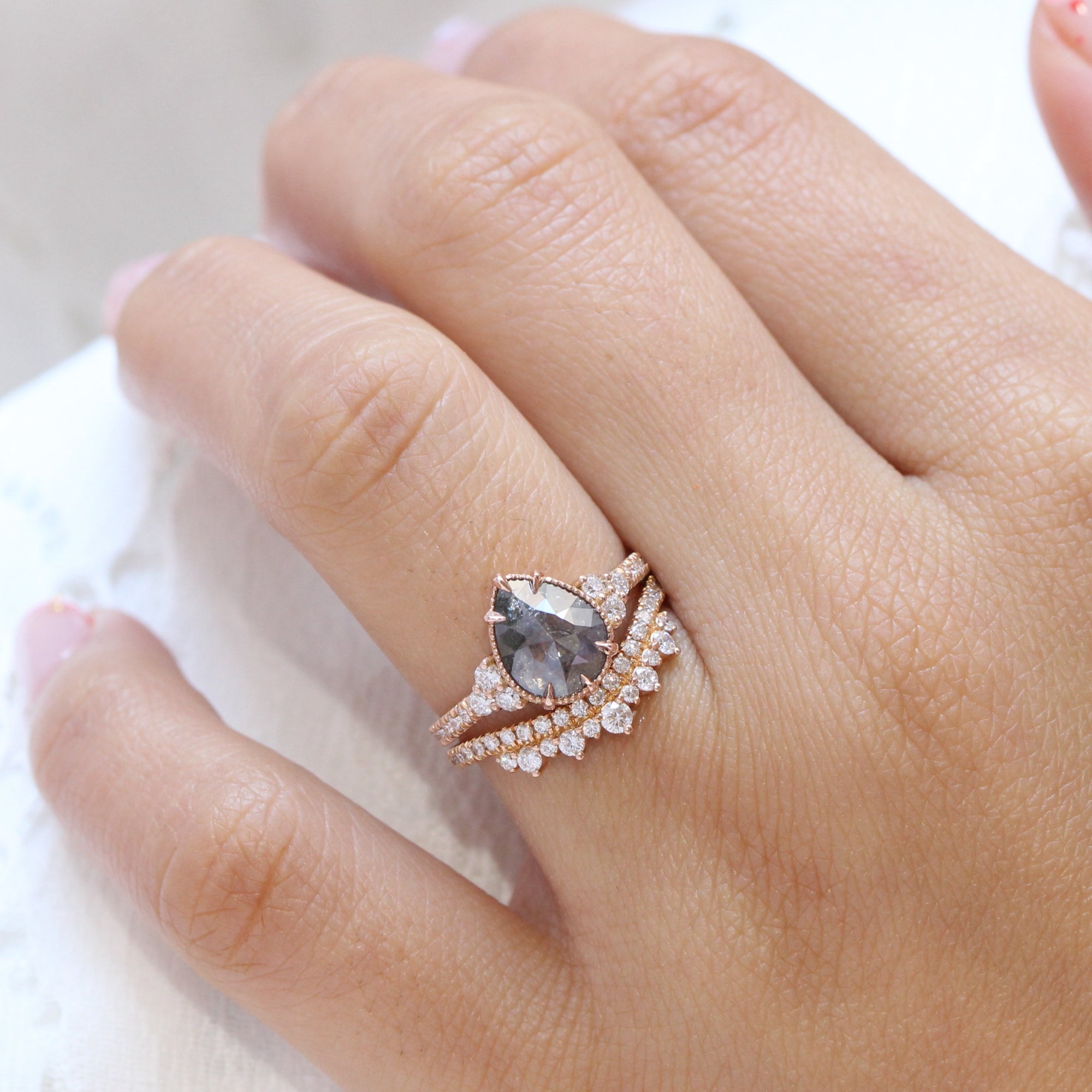 Vintage salt and pepper diamond ring rose gold 3 stone pear ring la more design jewelry