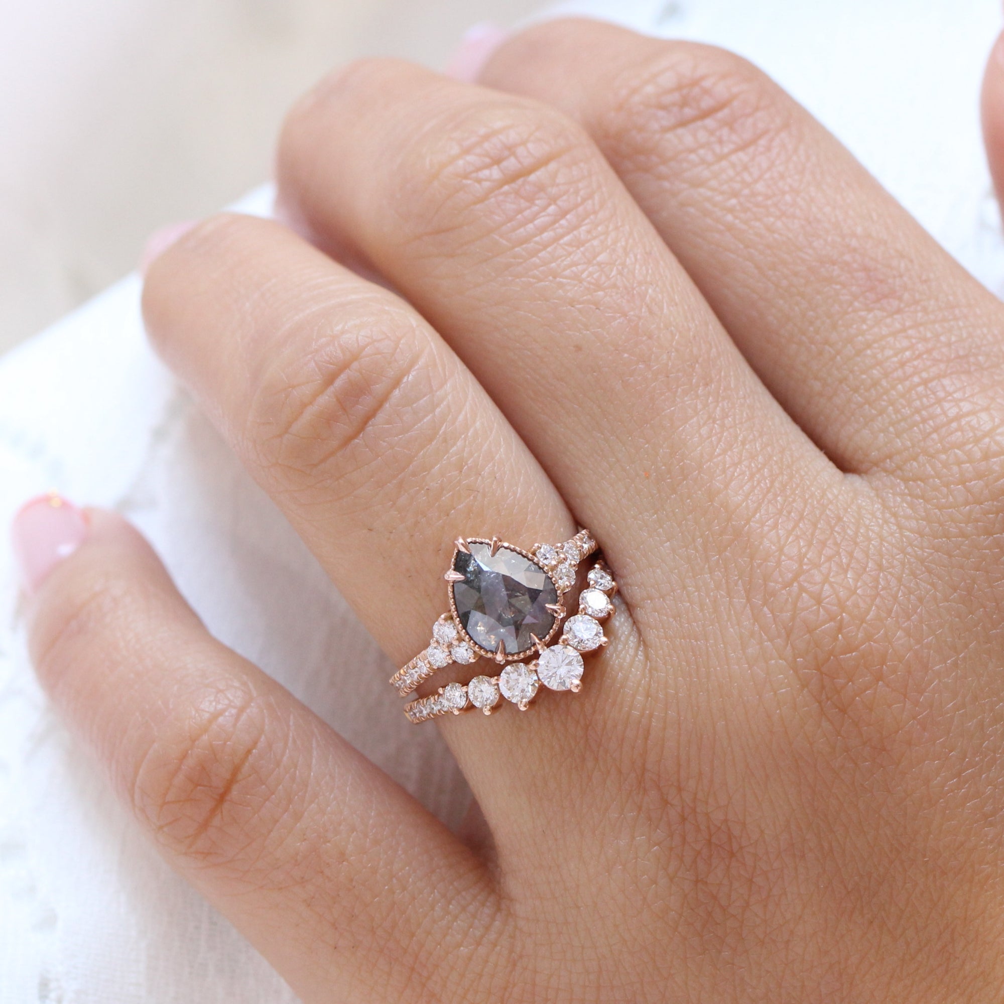 Salt and pepper outlet pear engagement ring