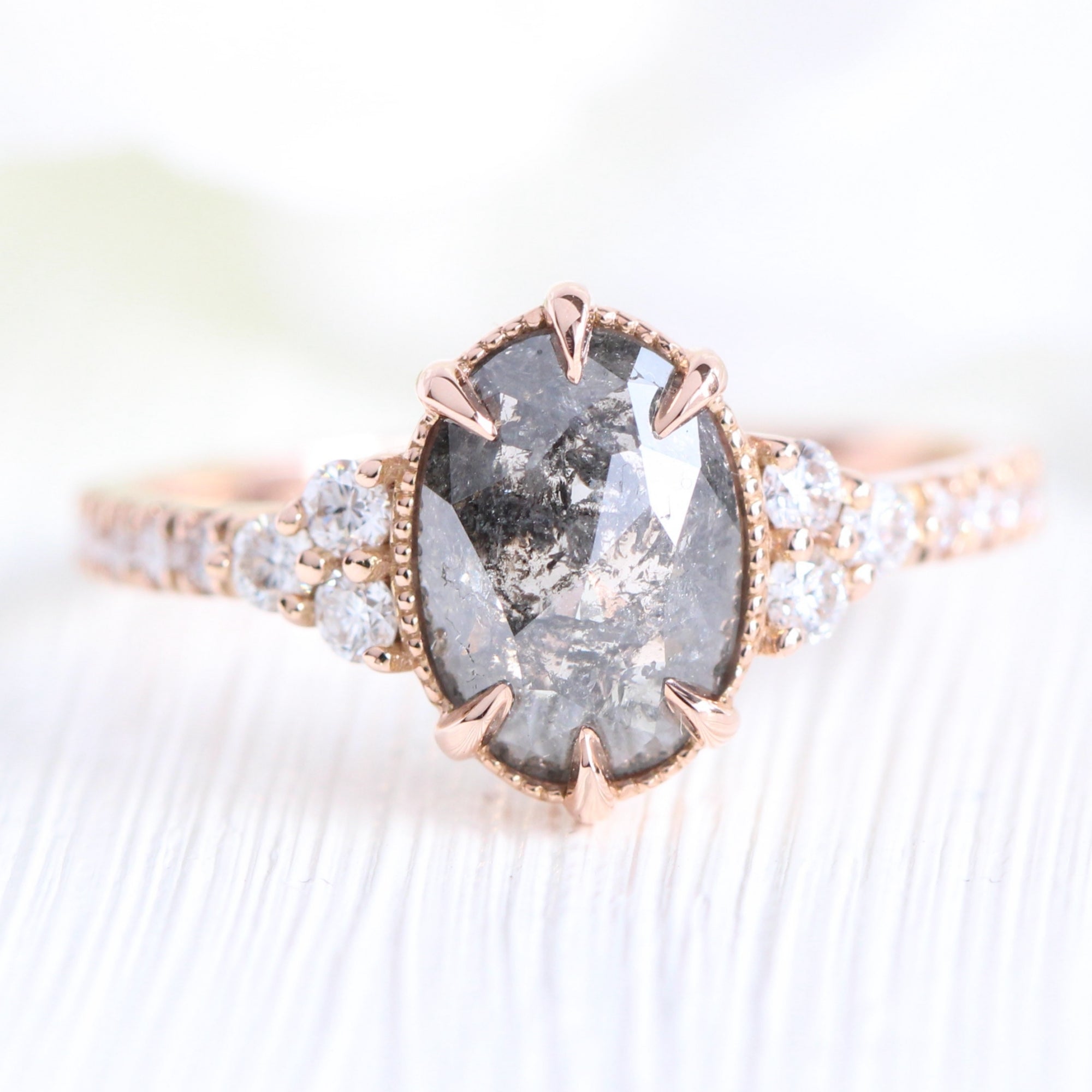 Oval Salt and Pepper Diamond Ring Rose Gold 3 Stone Engagement Ring La More Design