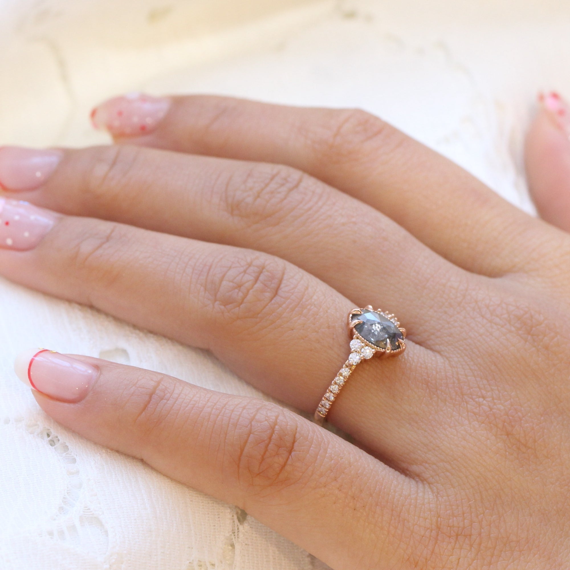 Vintage salt and pepper diamond ring rose gold 3 stone ring la more design jewelry