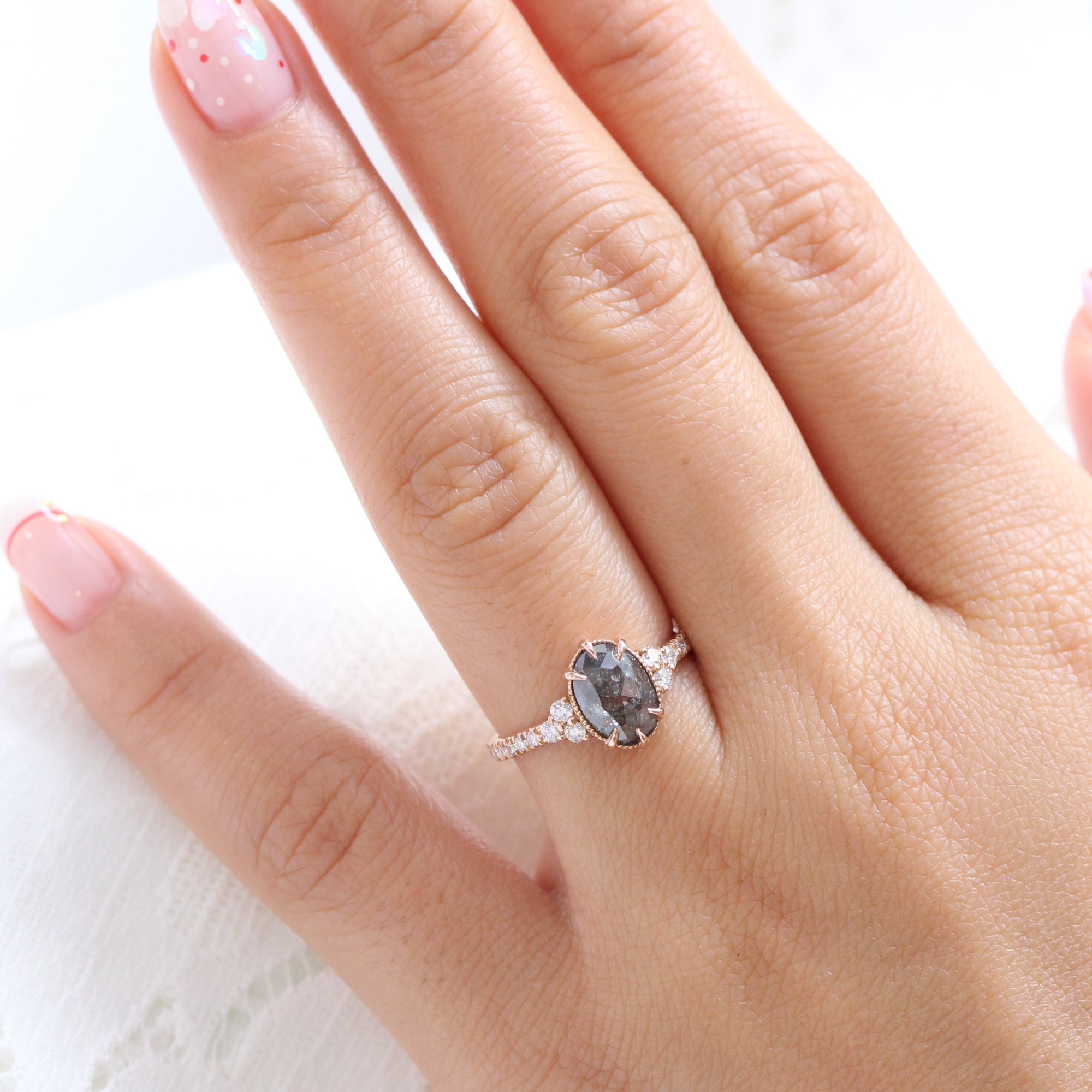 Vintage salt and pepper diamond ring rose gold 3 stone ring la more design jewelry