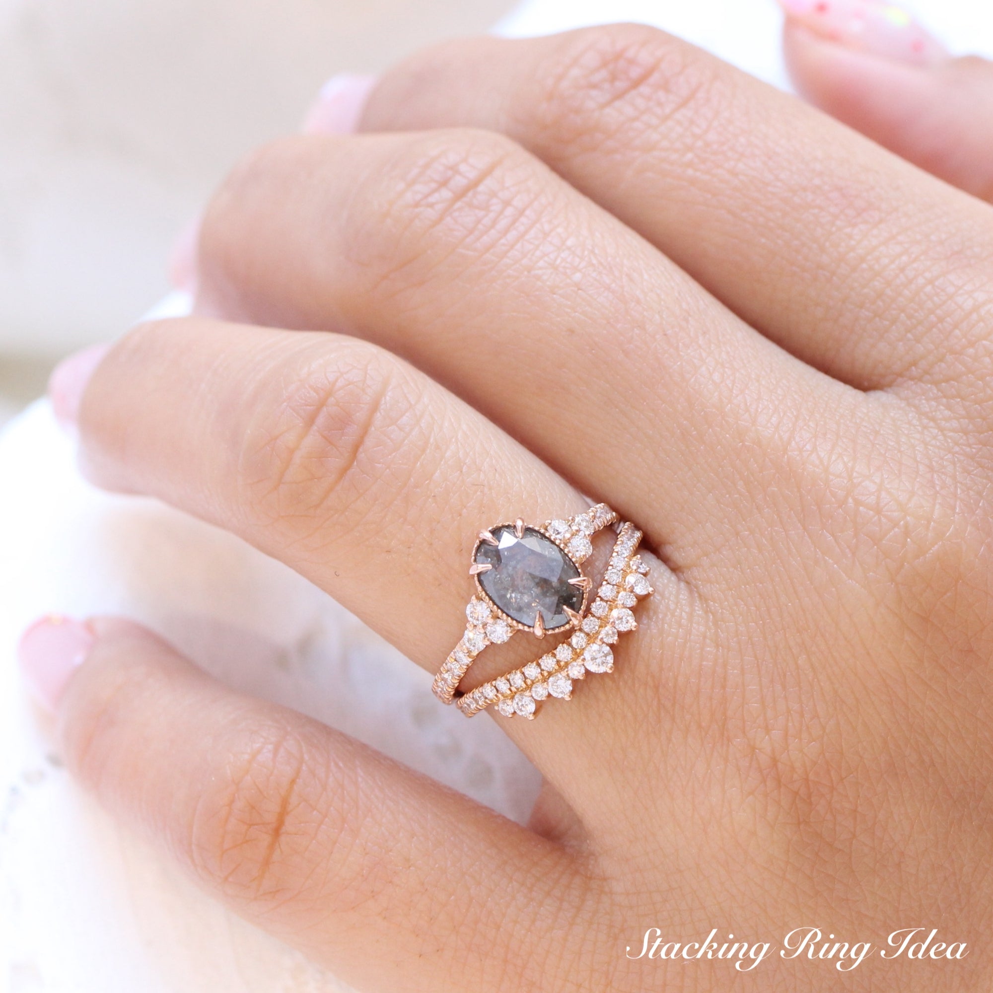 Vintage salt and pepper diamond ring rose gold 3 stone ring la more design jewelry