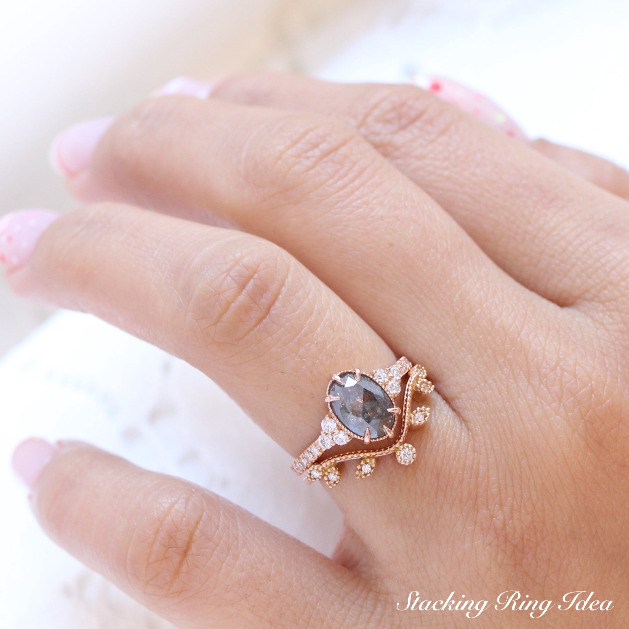 Vintage salt and pepper diamond ring rose gold 3 stone ring la more design jewelry