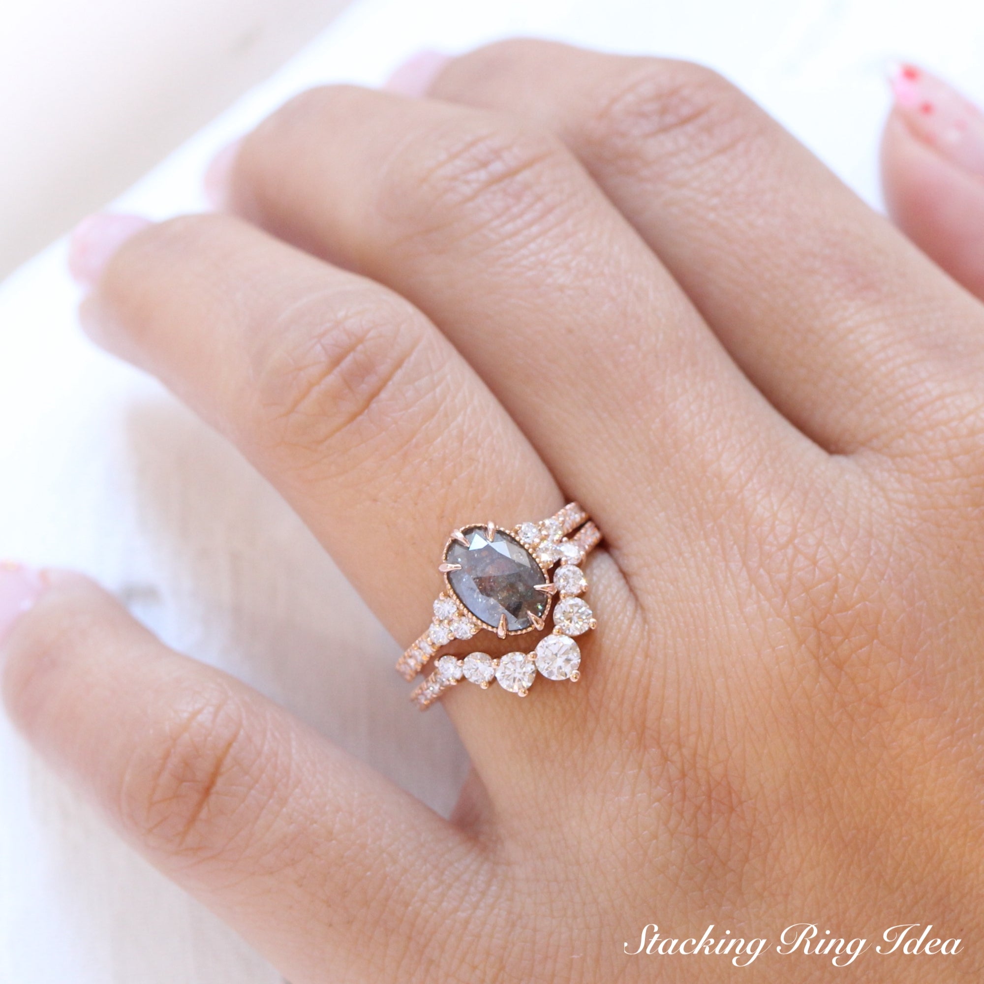 Vintage salt and pepper diamond ring rose gold 3 stone ring la more design jewelry