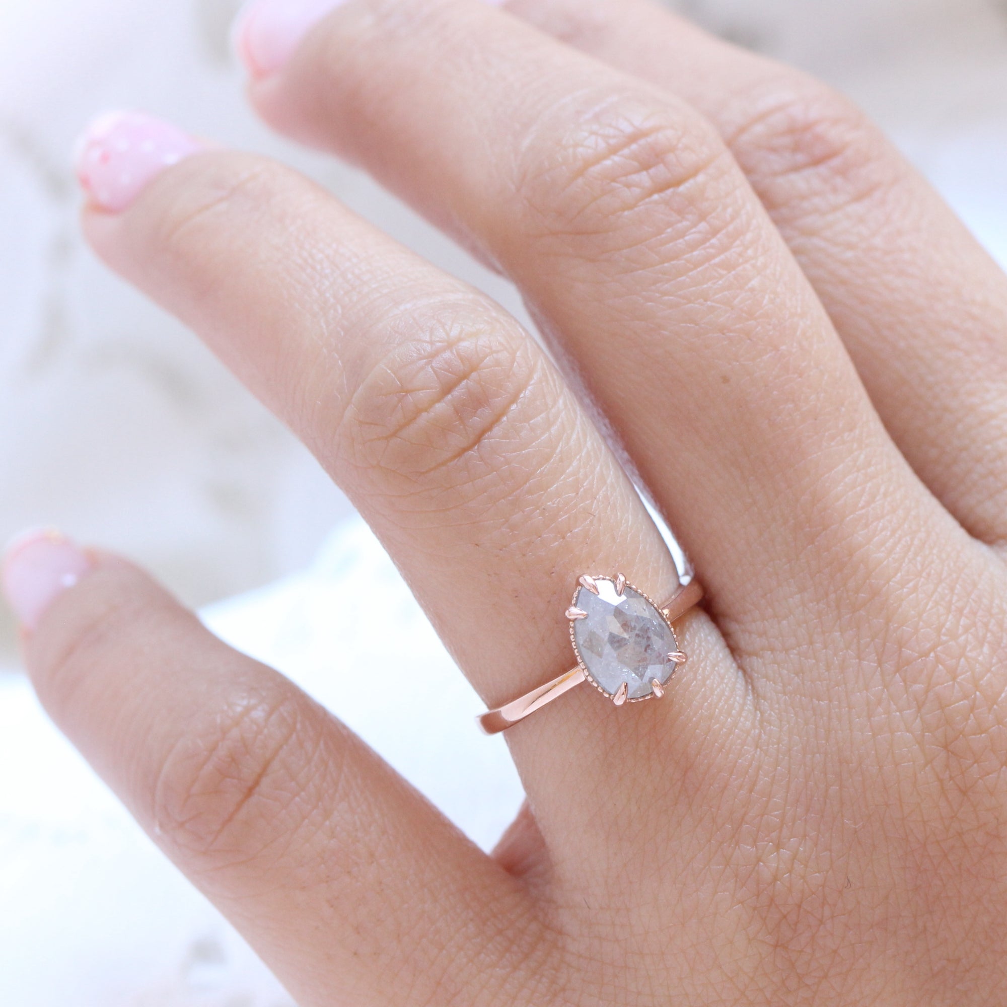 Vintage salt and pepper diamond ring rose gold pear solitaire ring la more design jewelry