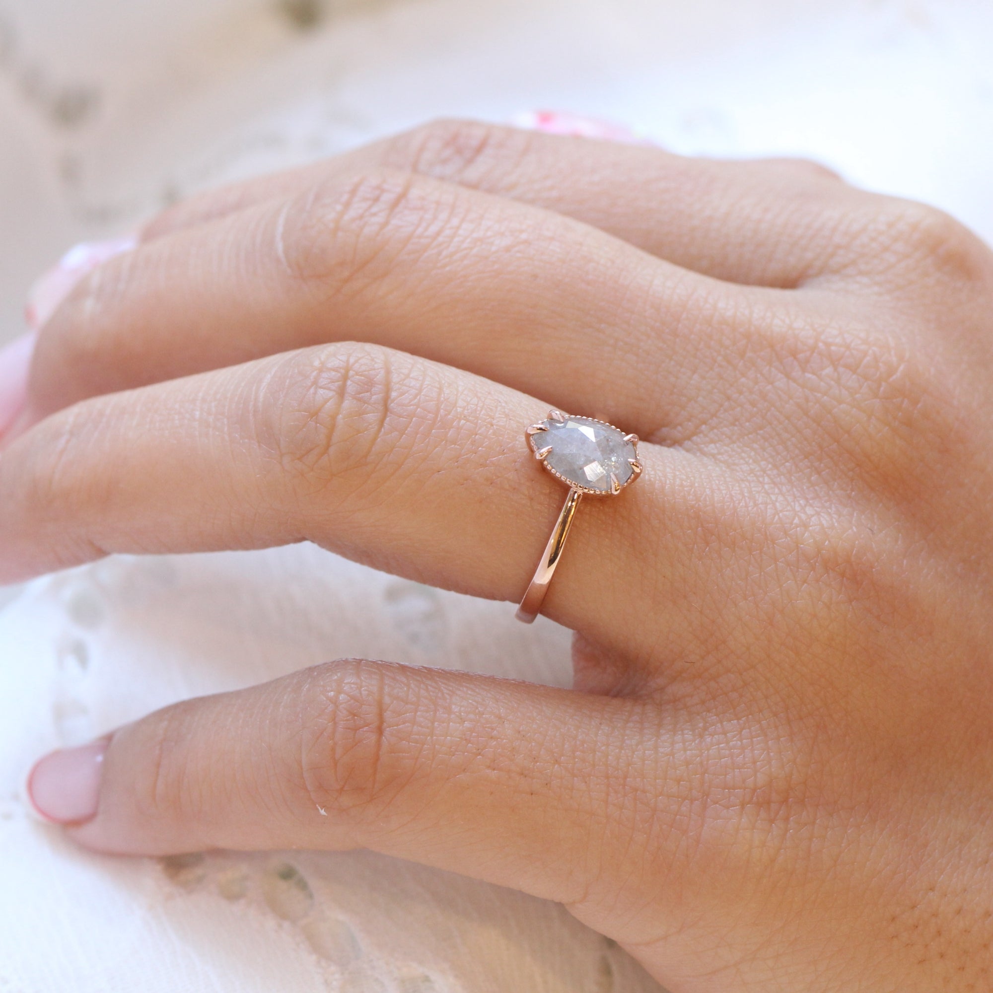 Vintage salt and pepper diamond ring rose gold pear solitaire ring la more design jewelry