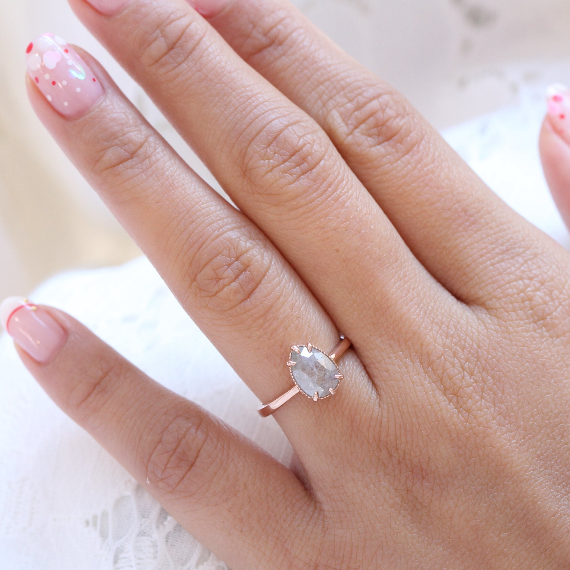 Vintage salt and pepper diamond ring rose gold pear solitaire ring la more design jewelry