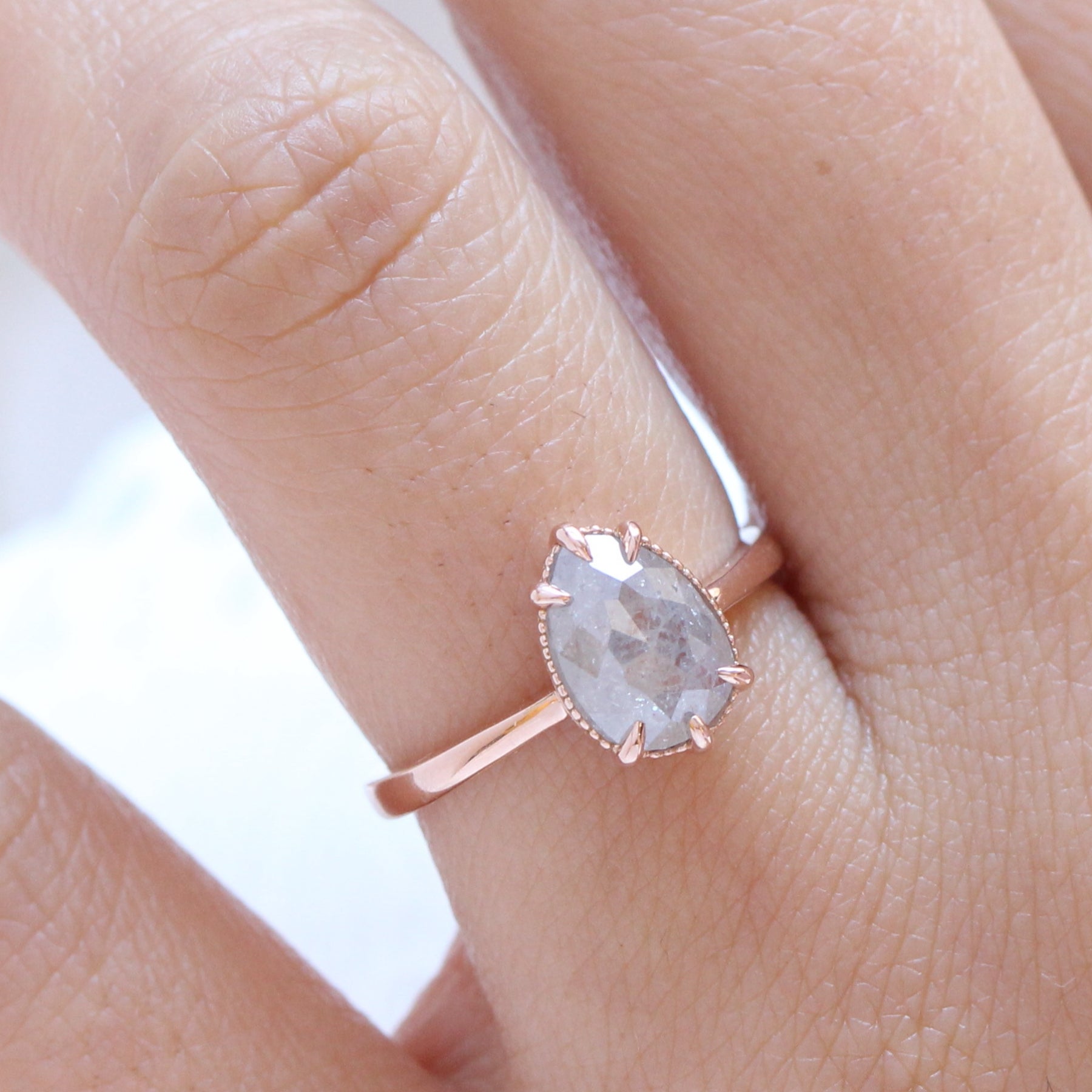 Vintage salt and pepper diamond ring rose gold pear solitaire ring la more design jewelry
