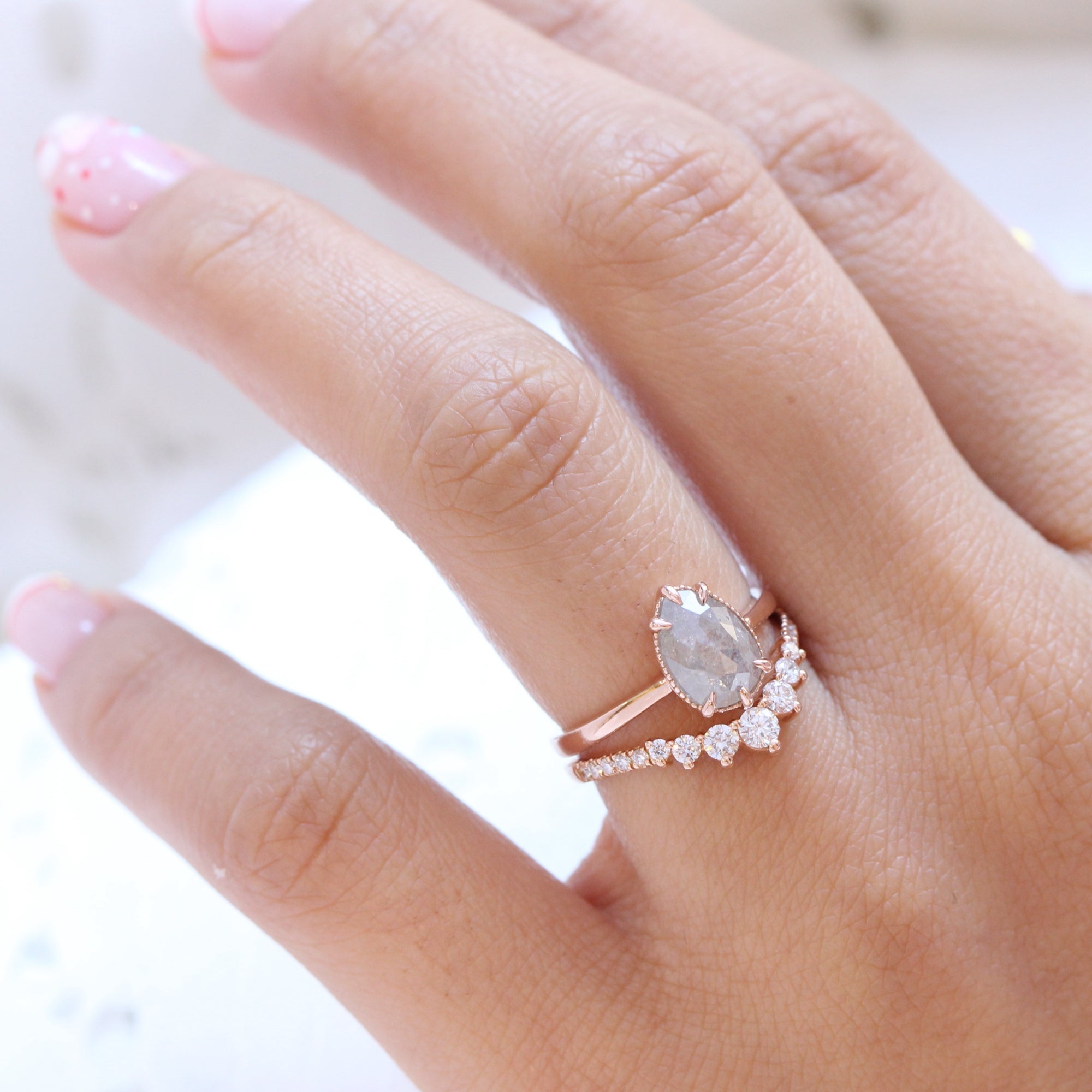 Vintage salt and pepper diamond ring rose gold pear solitaire ring la more design jewelry