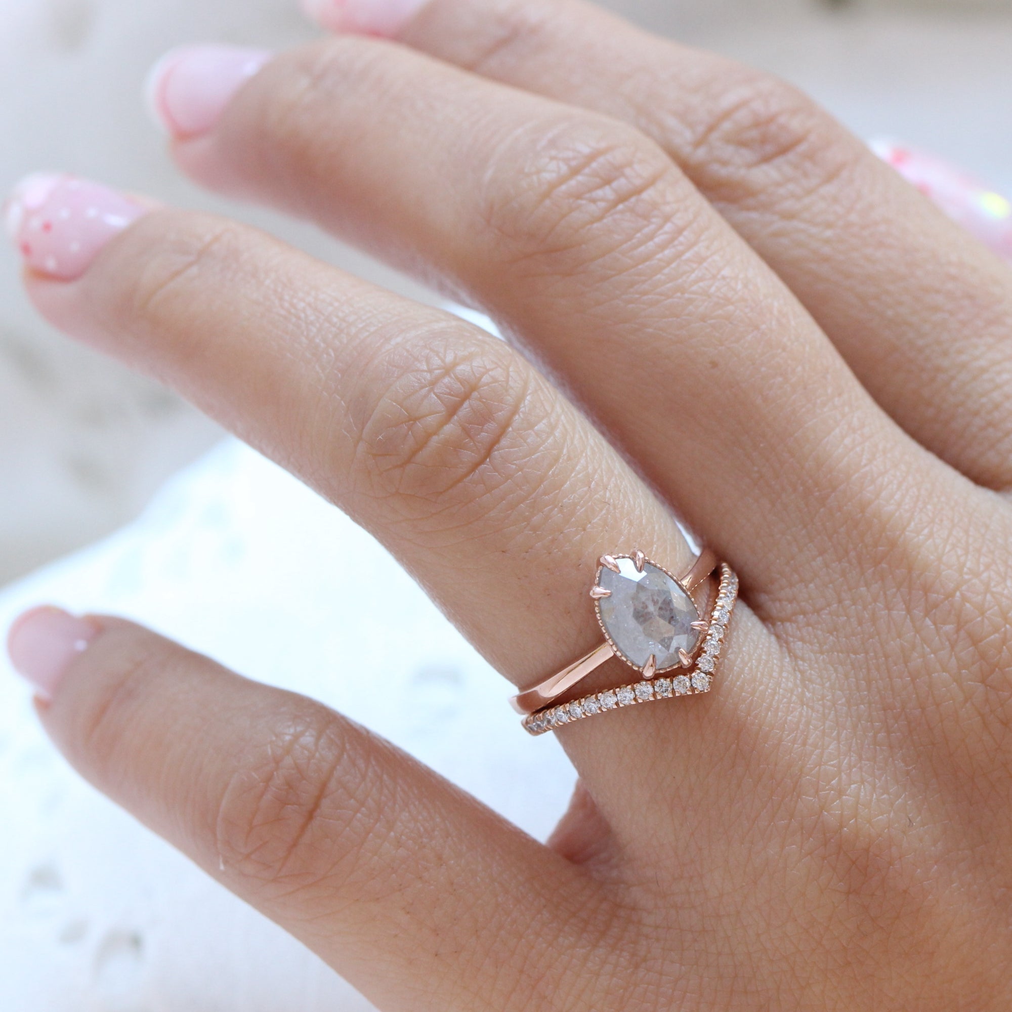 Vintage salt and pepper diamond ring rose gold pear solitaire ring la more design jewelry