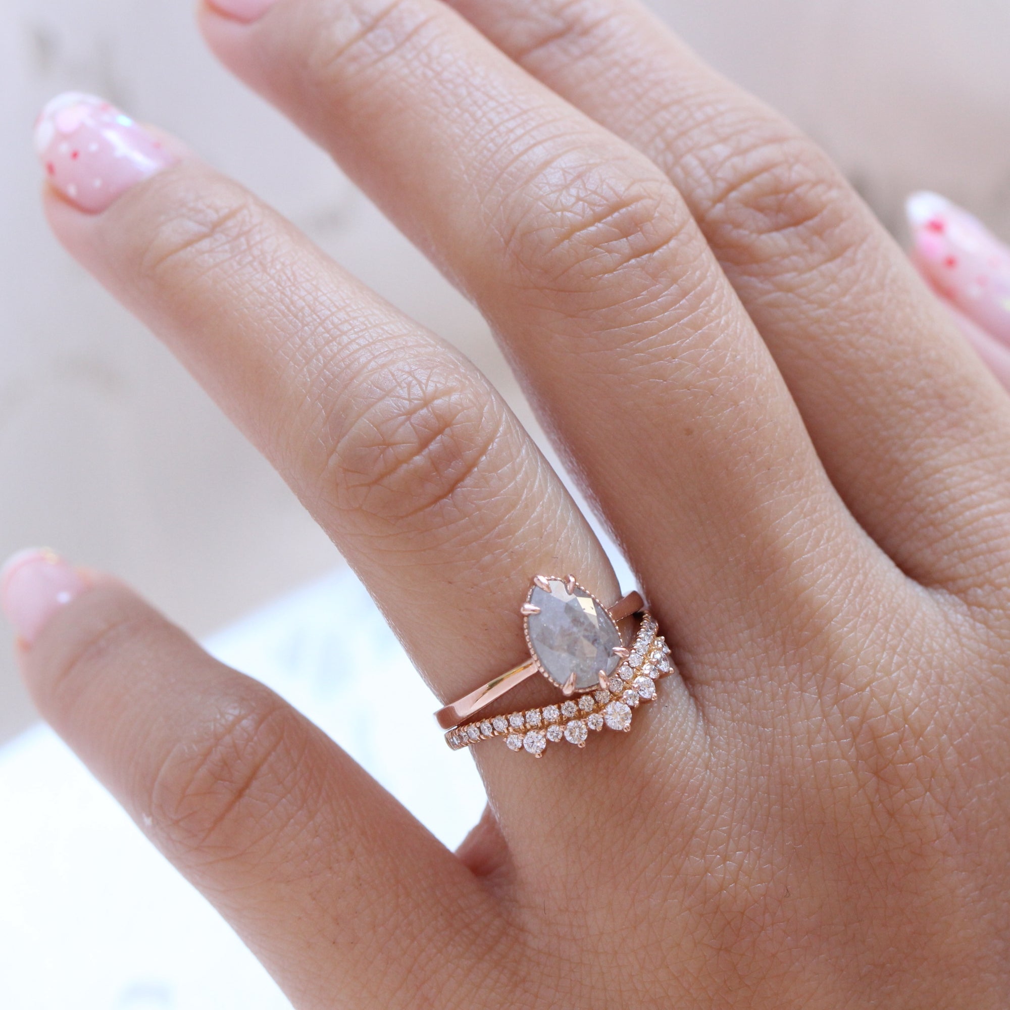 Vintage salt and pepper diamond ring rose gold pear solitaire ring la more design jewelry