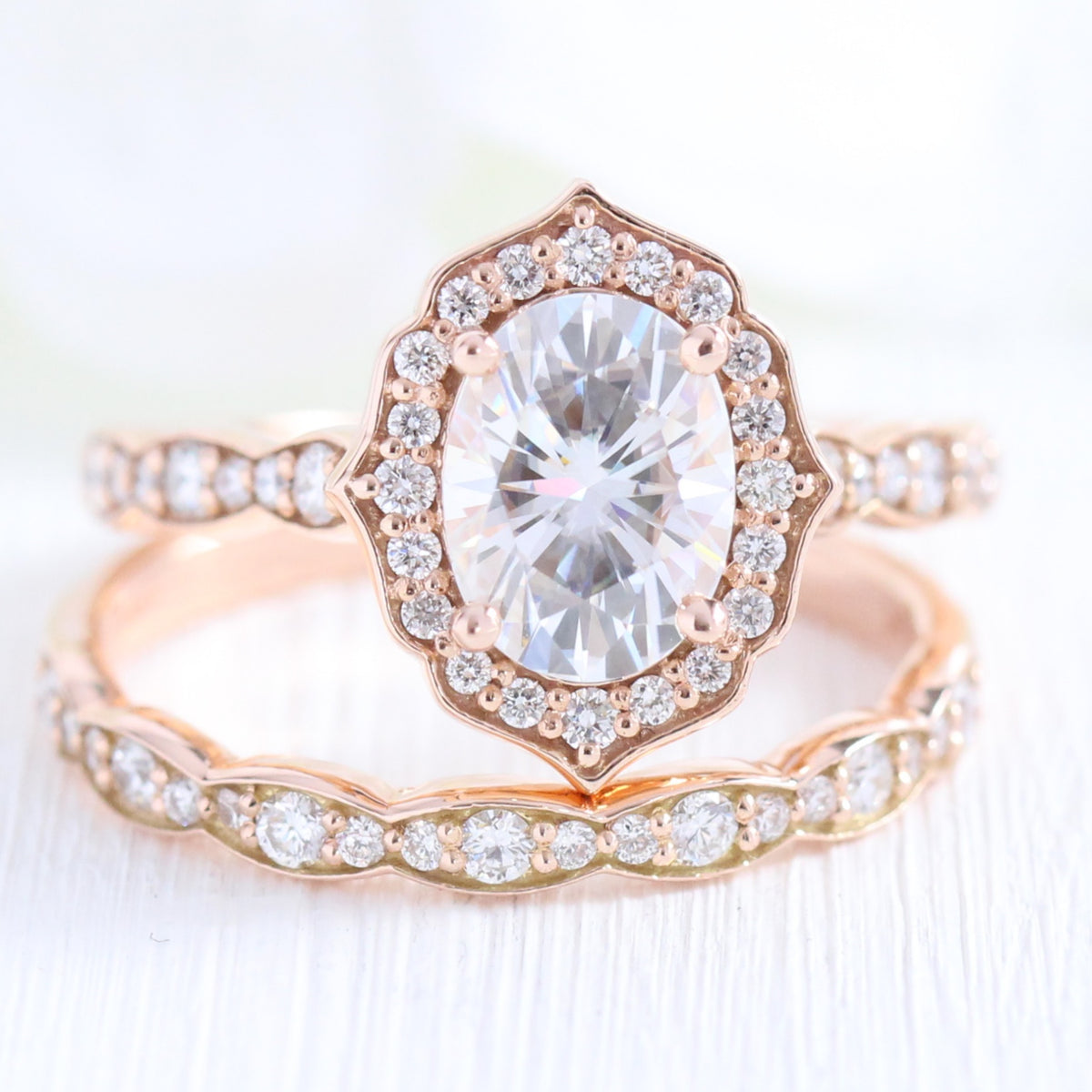 Vintage style moissanite diamond engagement ring rose gold bridal set by la more design jewelry