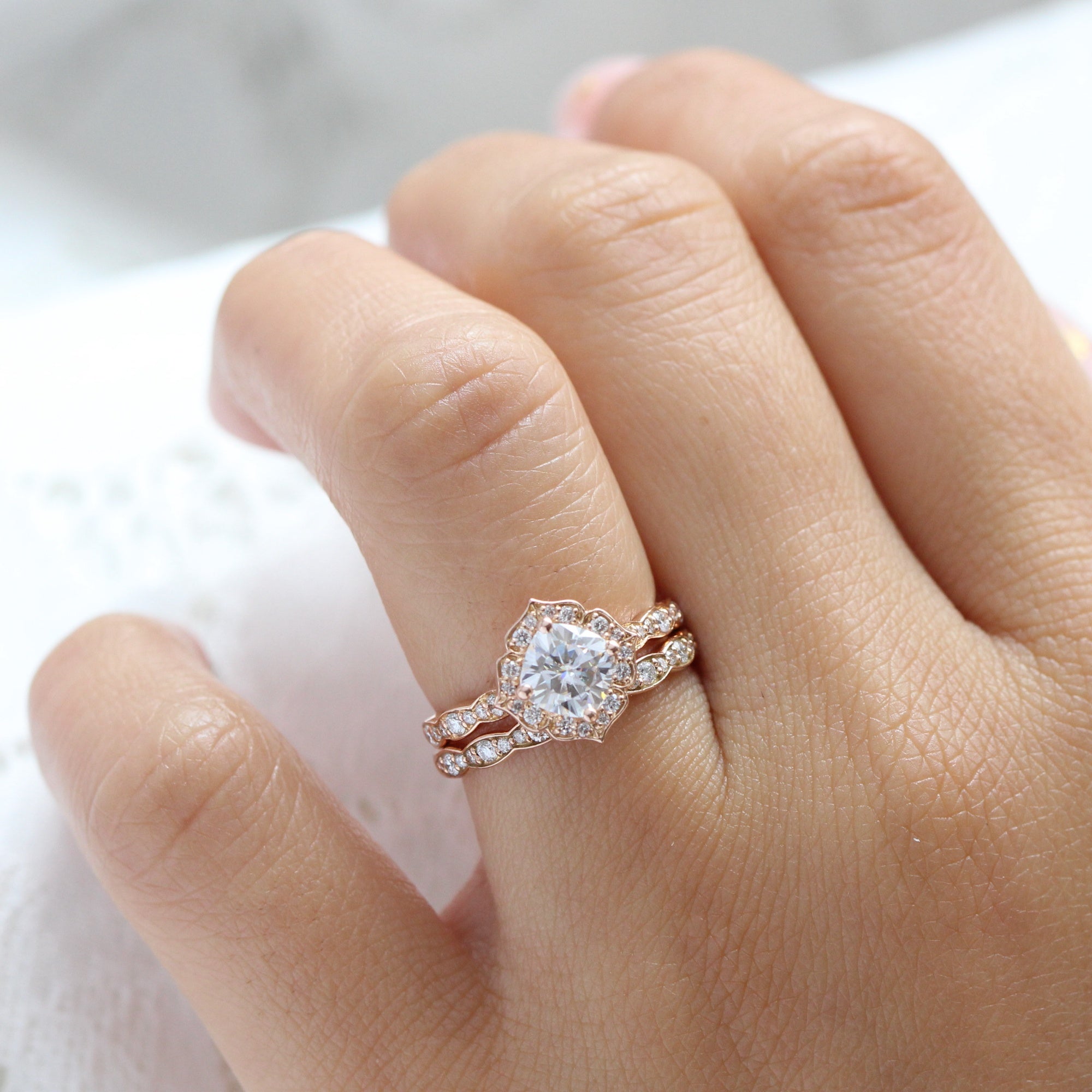 Vintage style moissanite diamond engagement ring rose gold bridal set by la more design jewelry