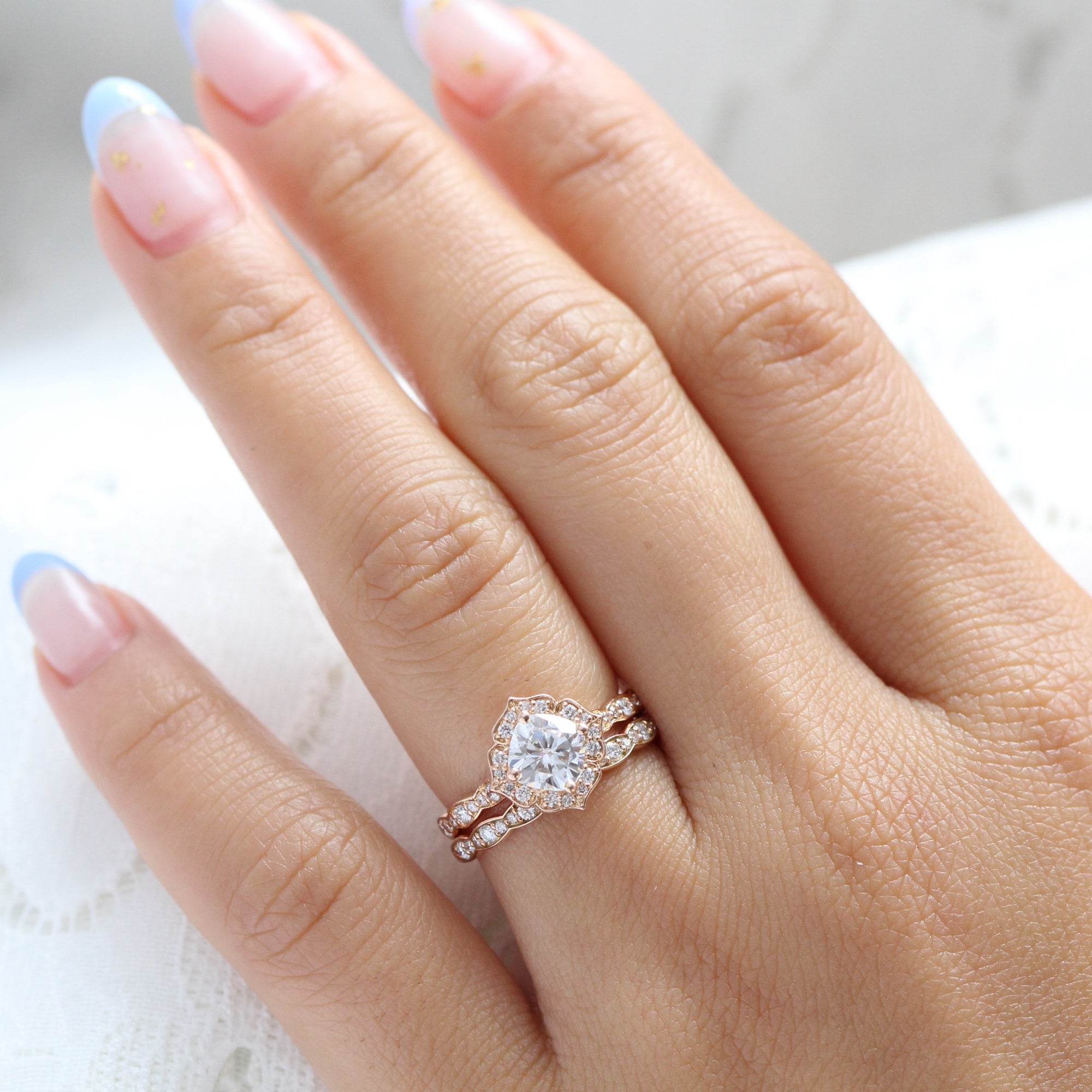 Vintage style moissanite diamond engagement ring rose gold bridal set by la more design jewelry
