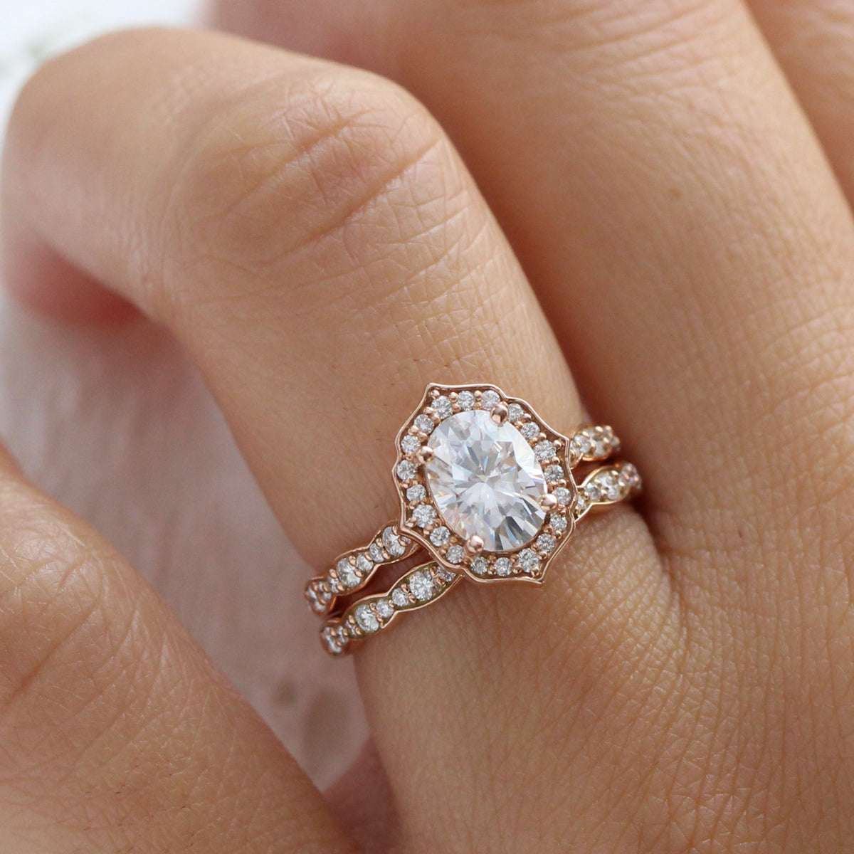 Vintage style moissanite diamond engagement ring rose gold bridal set by la more design jewelry