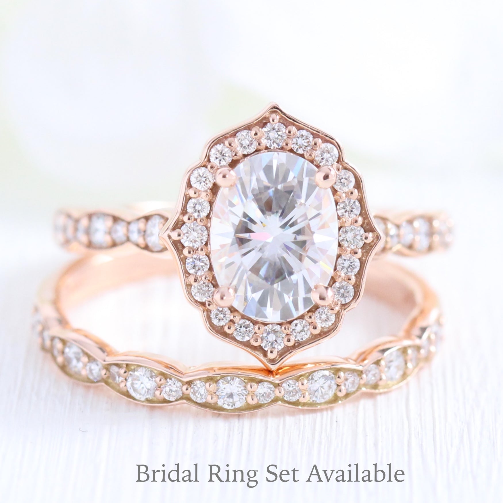 Vintage style moissanite diamond engagement ring rose gold bridal set by la more design jewelry.JPG