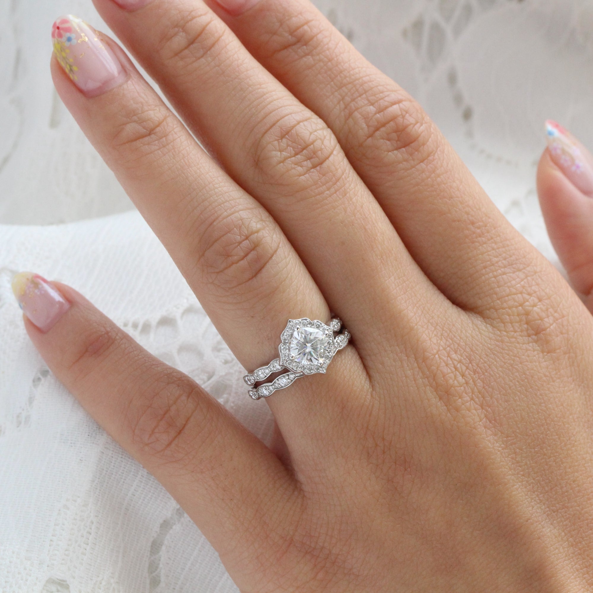 Vintage style moissanite diamond engagement ring white gold bridal set by la more design jewelry