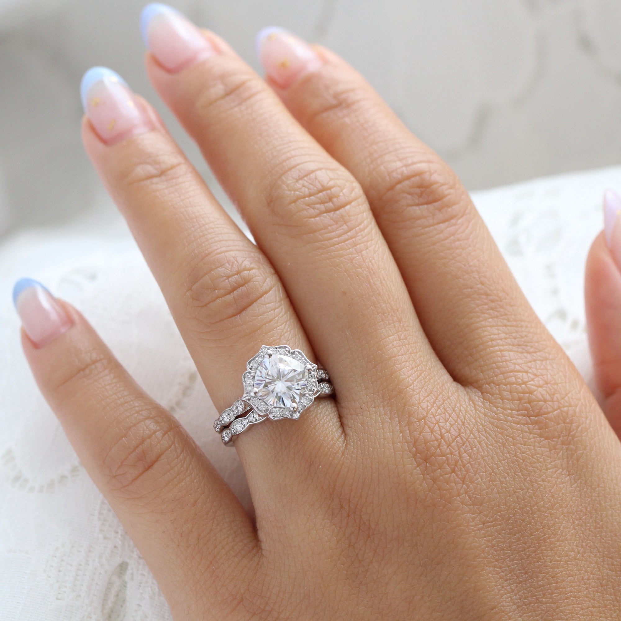 Large Moissanite Diamond Ring Bridal Set Rose Gold Vintage Halo Ring La More Design