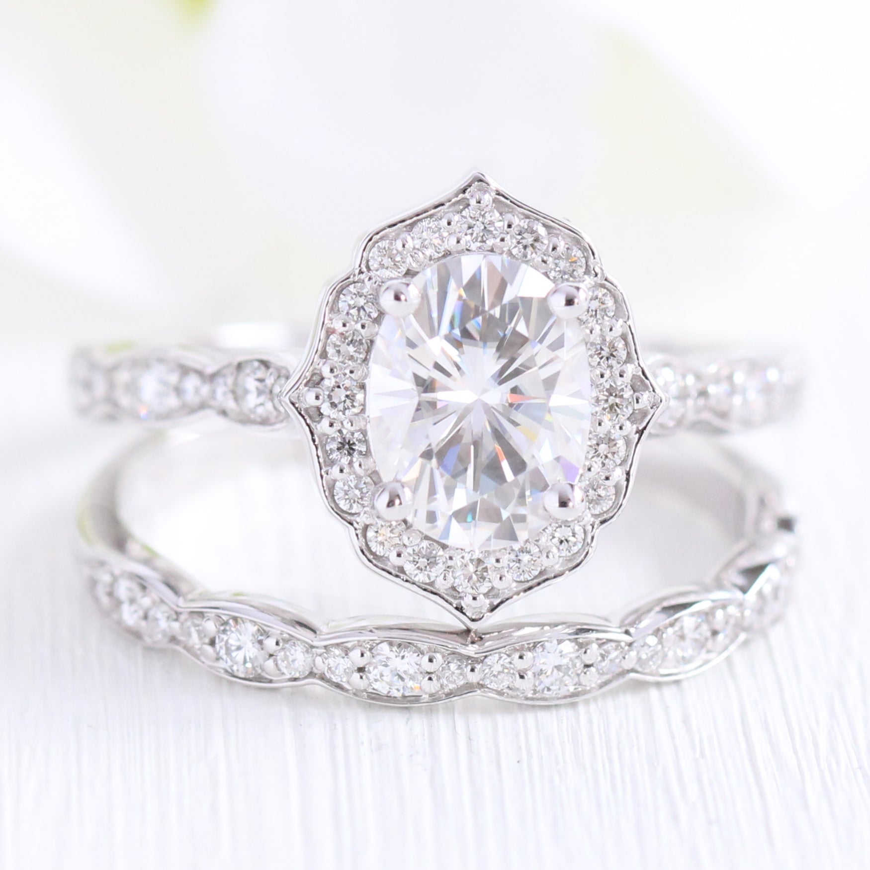 Vintage style moissanite diamond engagement ring white gold bridal set by la more design jewelry