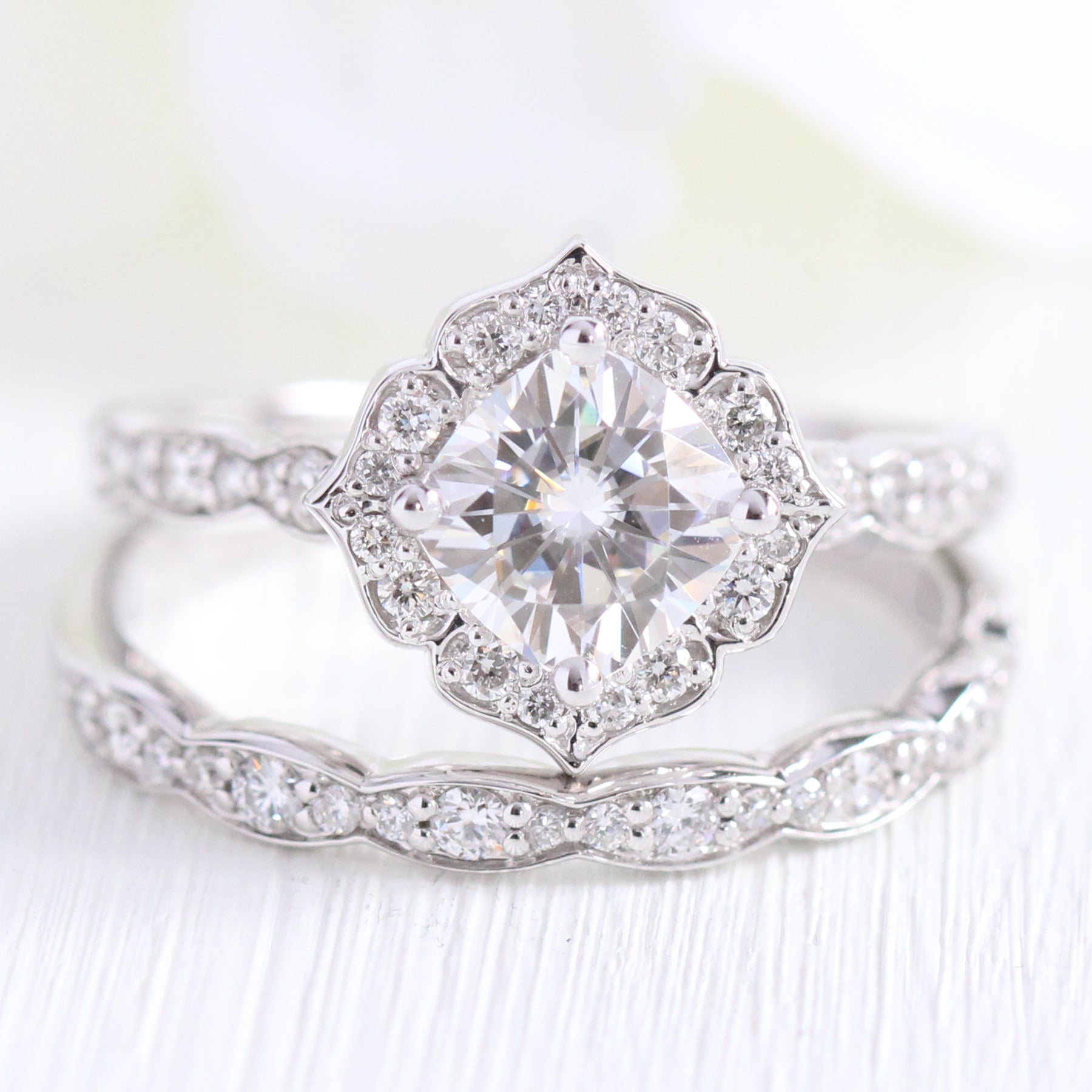 Vintage style moissanite diamond engagement ring white gold bridal set by la more design jewelry