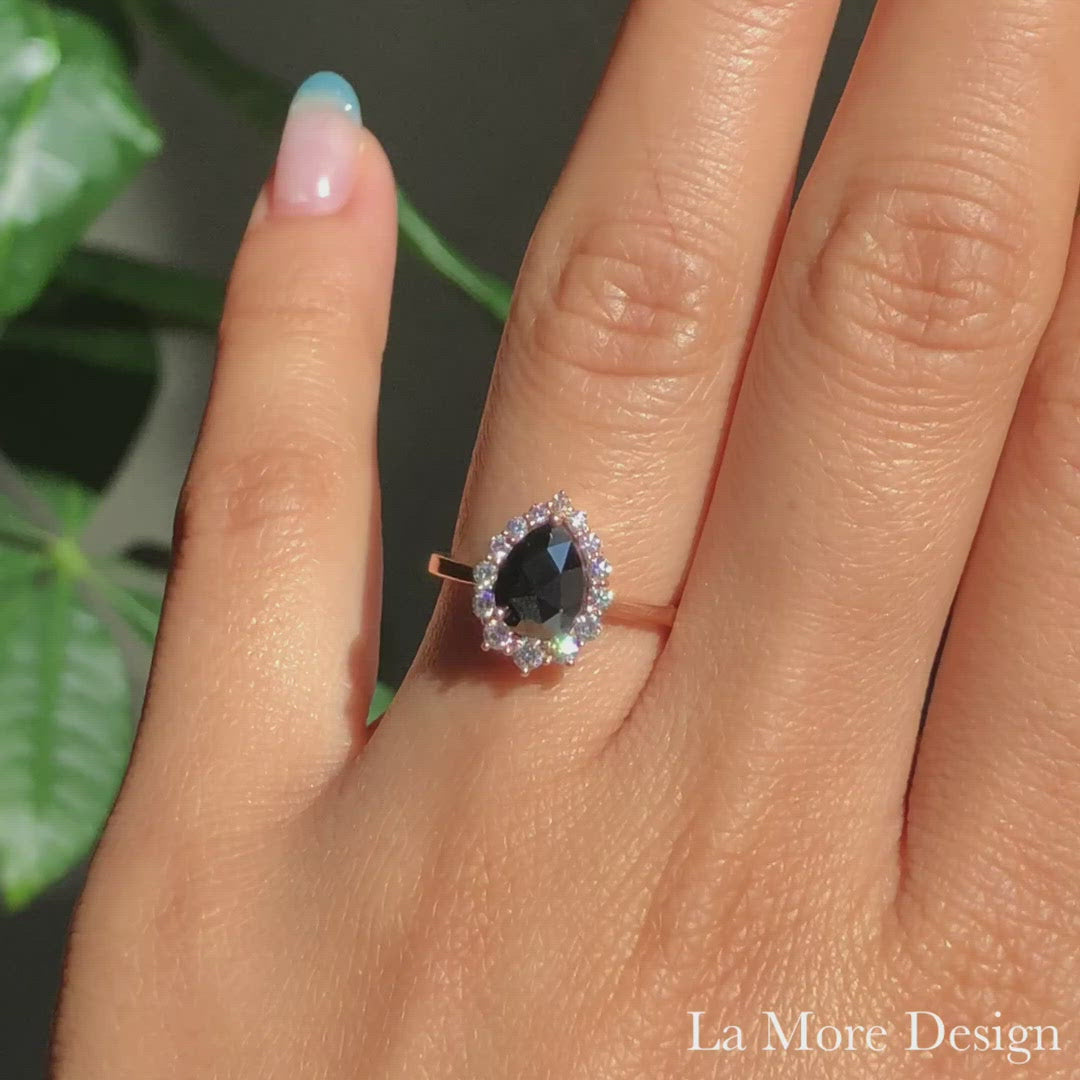 rose cut black diamond ring gold halo pear ring la more design jewelry
