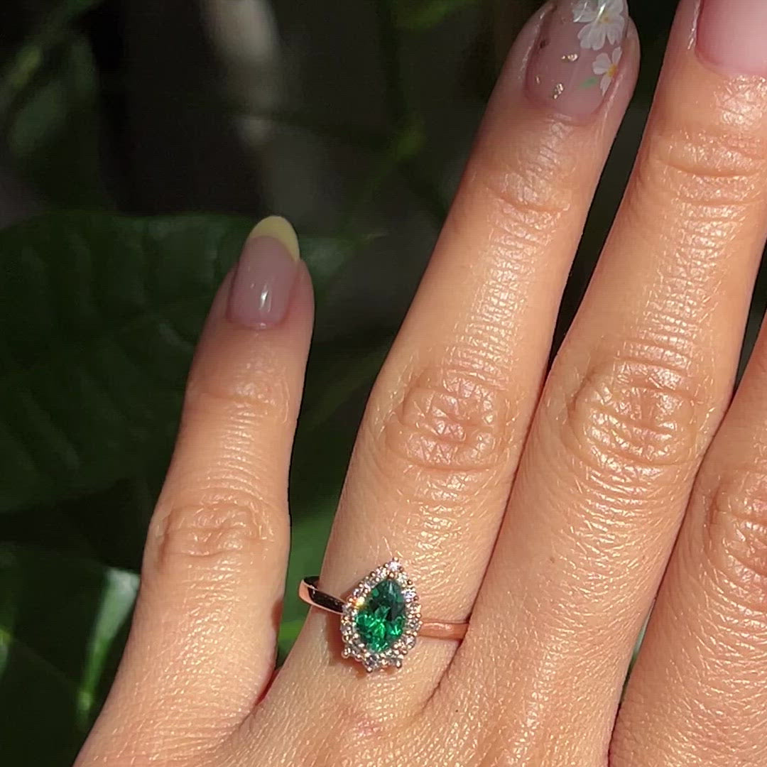 Tiara Halo Pear Ring Bridal Set w/ Emerald and Large 7 Diamond U Band