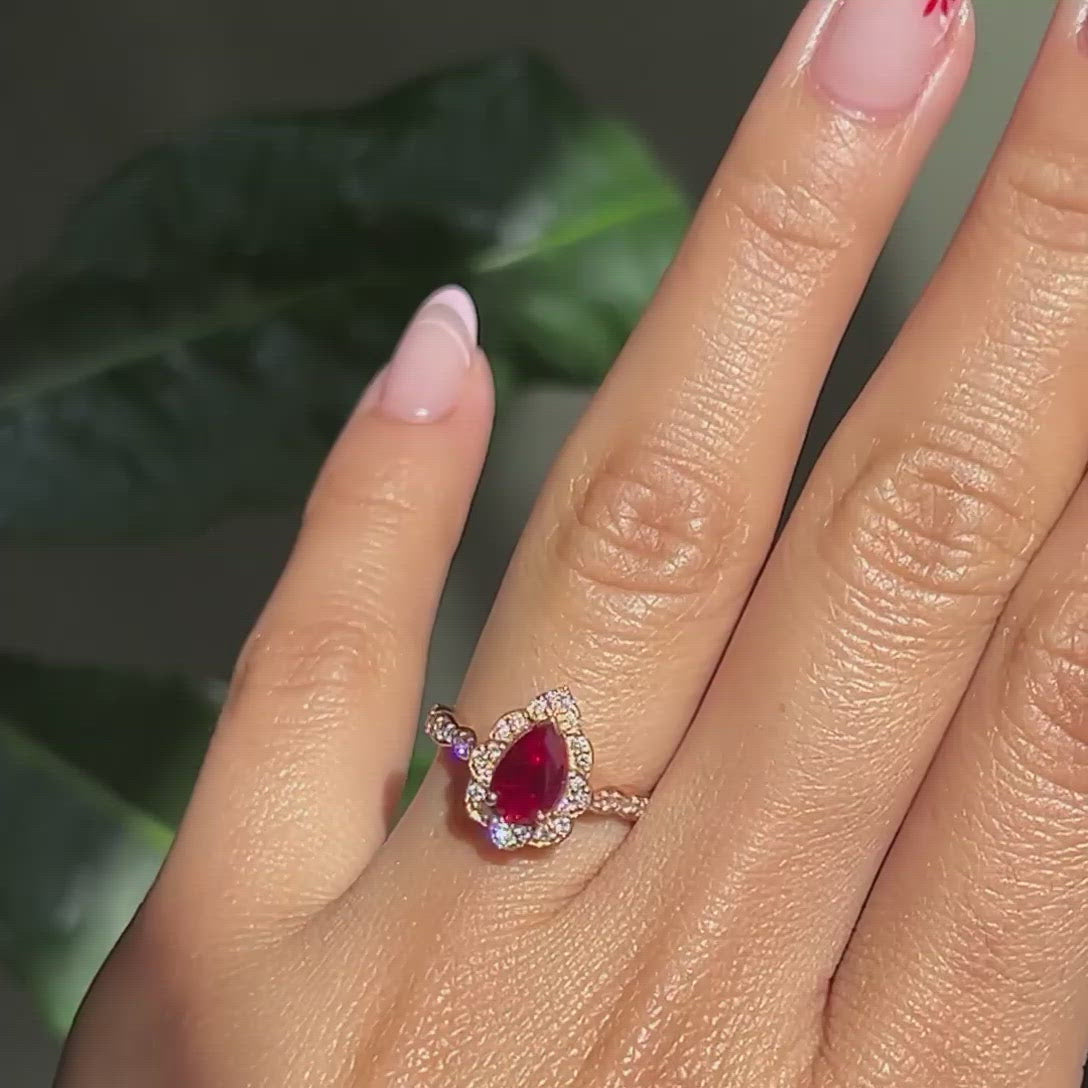 vintage halo diamond pear ruby ring stack rose gold curved diamond wedding band la more design jewelry