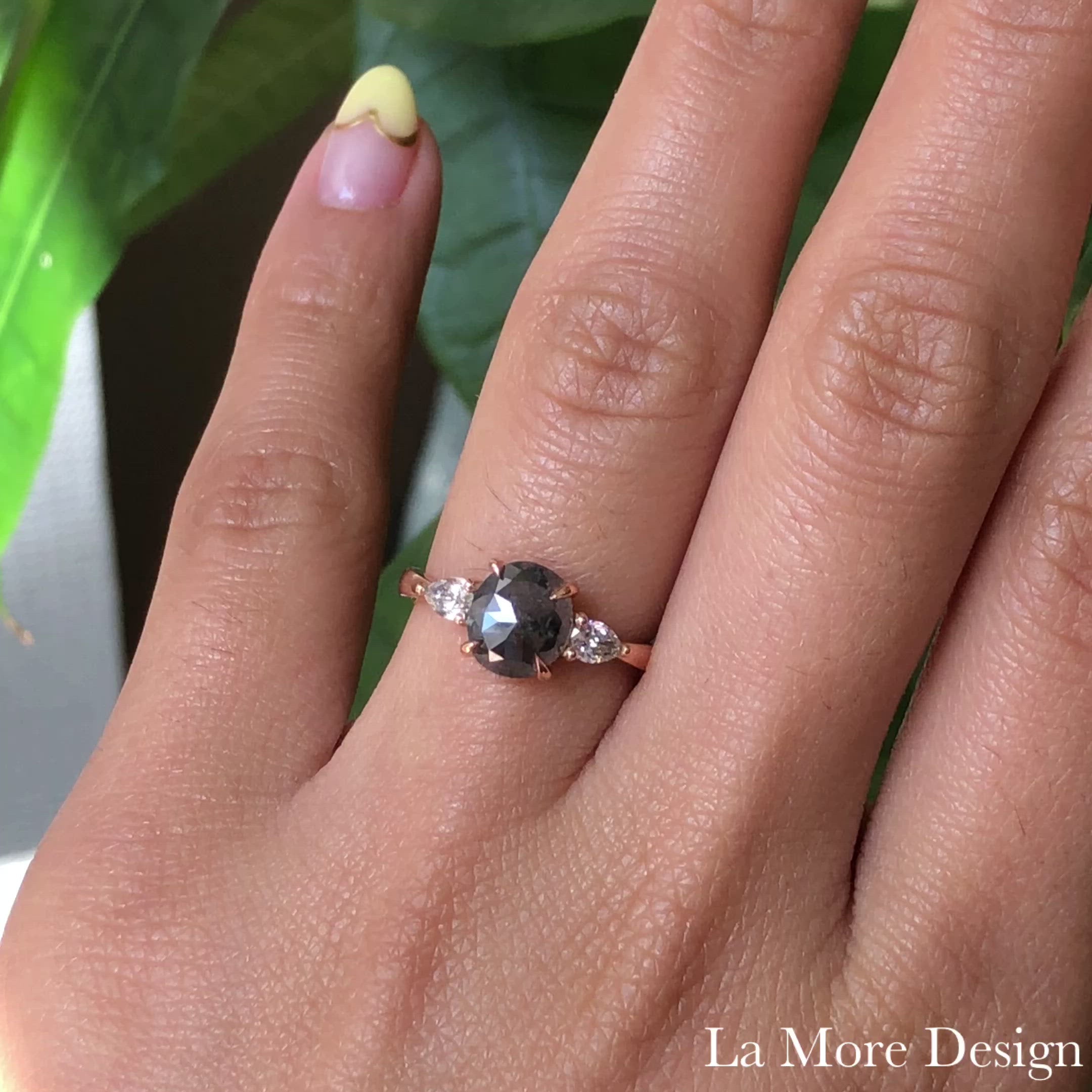Oval Salt and Pepper Diamond Ring in 14k Rose Gold 3 Stone Pear Ring, Size 6.25