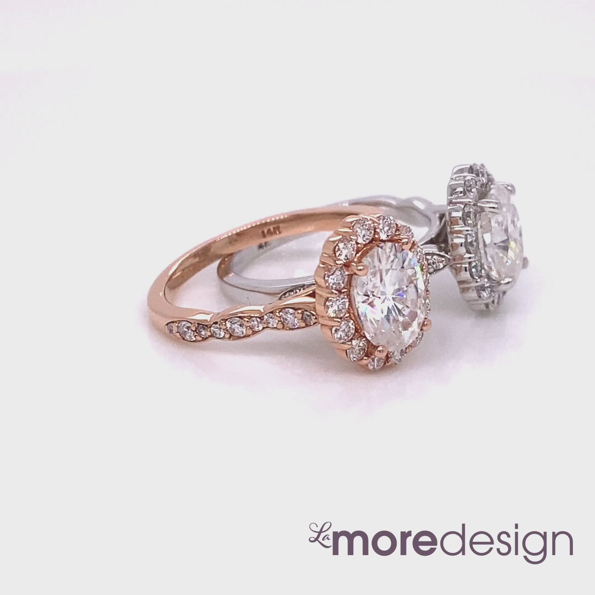 Vintage inspired halo diamond moissanite engagement ring features an 8x6mm oval cut Certified Charles & Collard Forever One Moissanite set in 14k rose gold and white gold scalloped diamond band. This exquisite engagement ring will guarantee a big smile on your future bride's face! It can be made in your choice of platinum or 18k or 14k yellow, rose or white gold. 