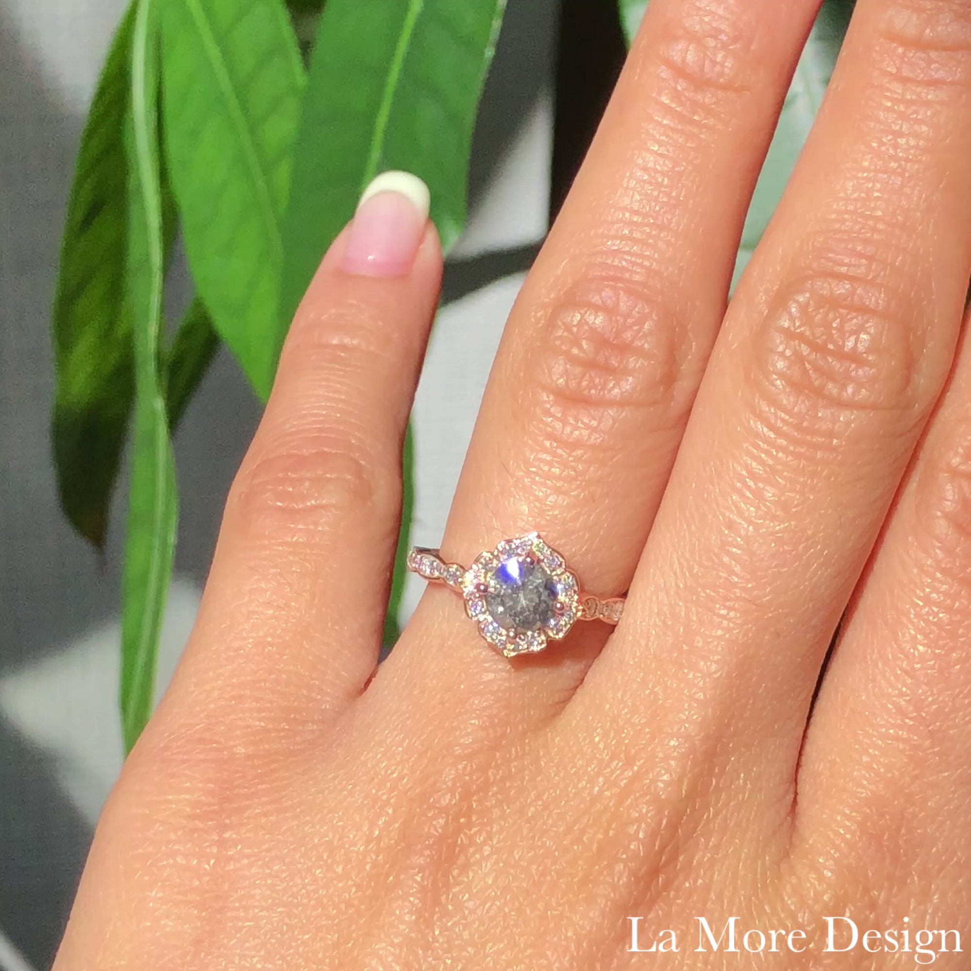 Our best seller mini vintage floral ring is now available with stunning salt and pepper grey diamond! This unique vintage-inspired engagement ring features a round-cut natural salt and pepper gray diamond set in 14k rose gold floral diamond ring setting. The distinctive yet elegant look of this galaxy diamond ring will make your engagement unforgettable! 