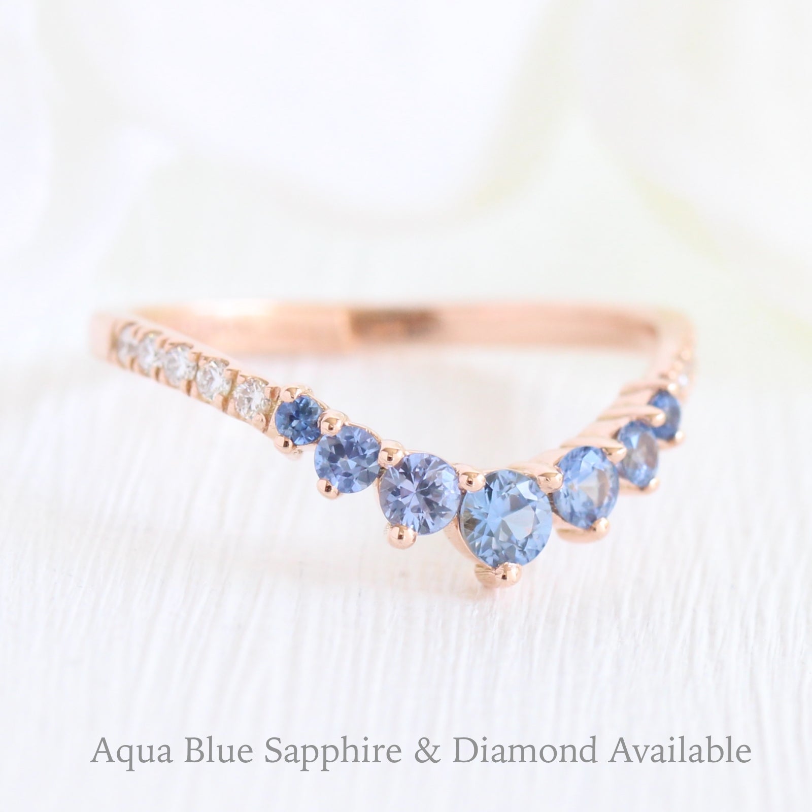 aqua blue sapphire wedding ring in rose gold contour diamond wedding band by la more design jewelry