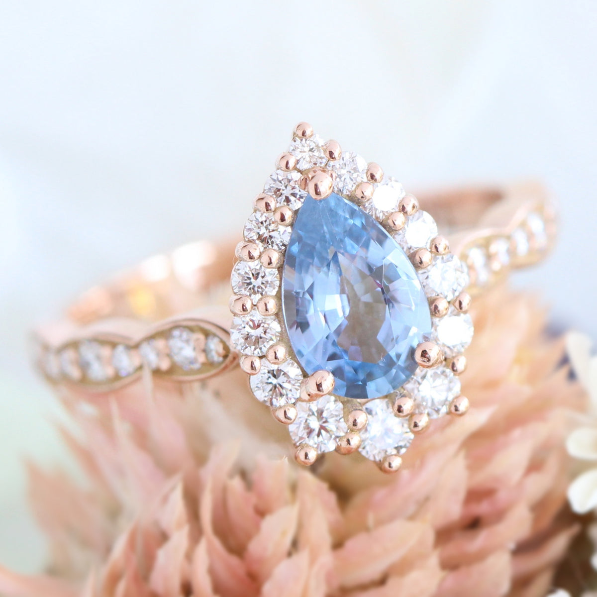 aqua blue sapphire ring rose gold halo diamond pear engagement ring la more design jewelry