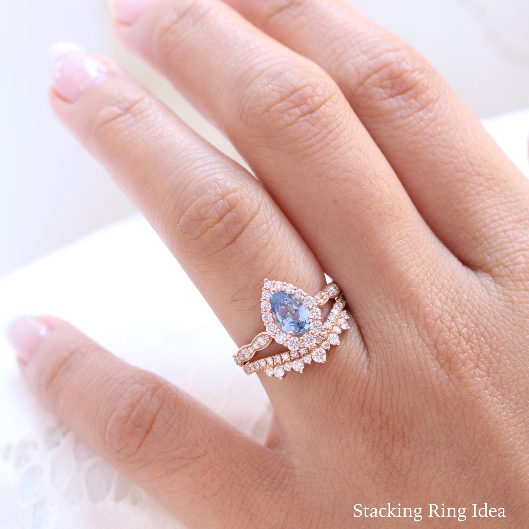 aqua blue sapphire ring rose gold halo diamond pear engagement ring la more design jewelry
