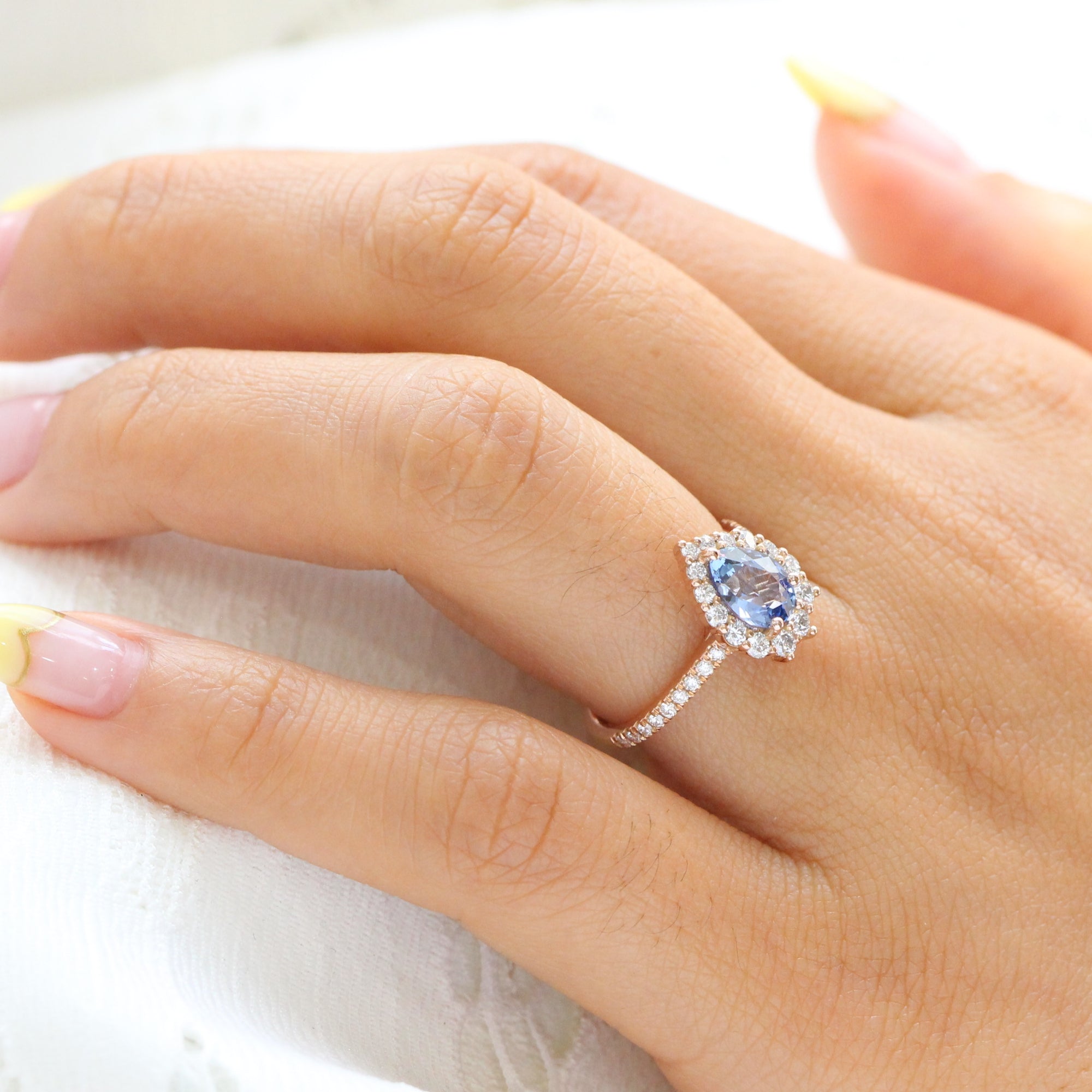 aqua blue sapphire ring rose gold halo diamond pear engagement ring la more design jewelry