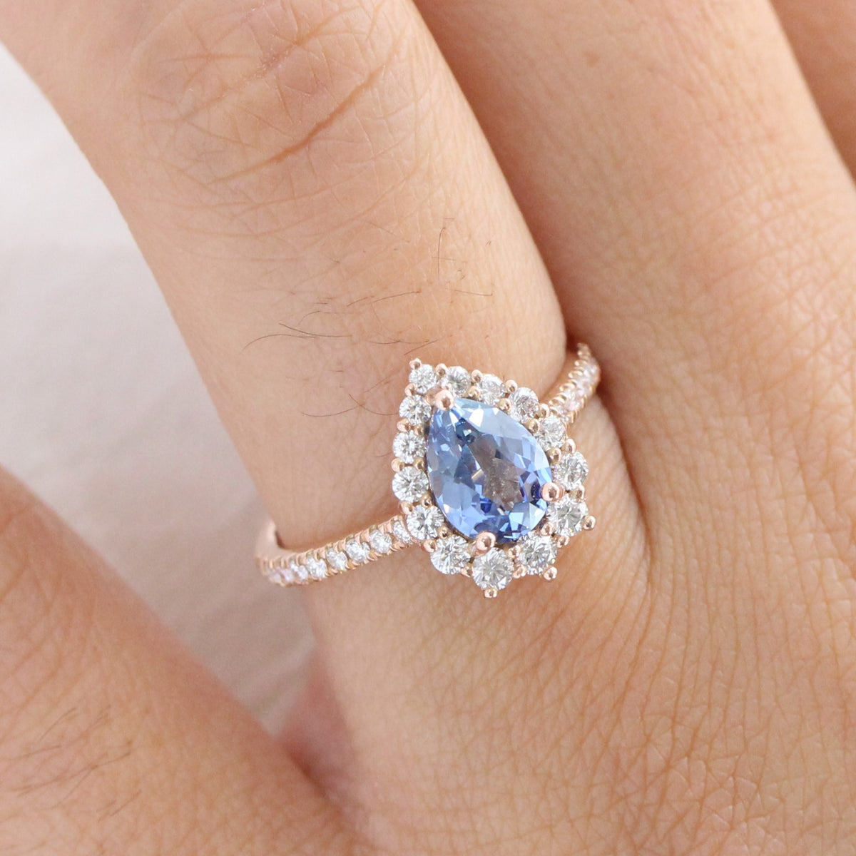 aqua blue sapphire ring rose gold halo diamond pear engagement ring la more design jewelry