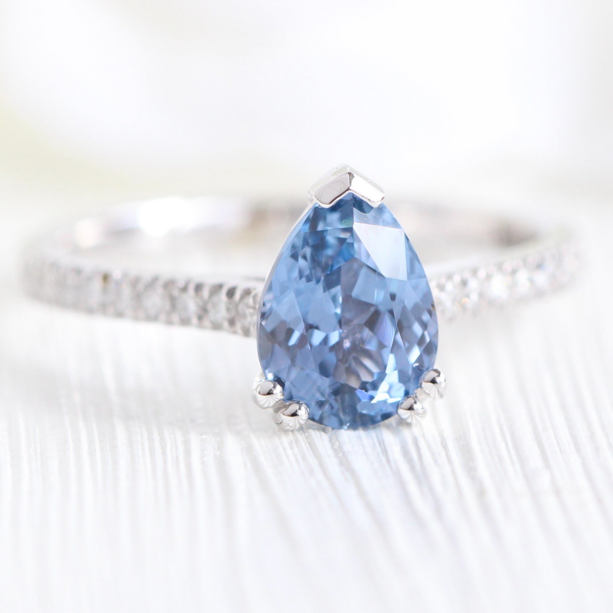 Blue Sapphire Diamond Engagement Ring White Gold Solitaire Pear