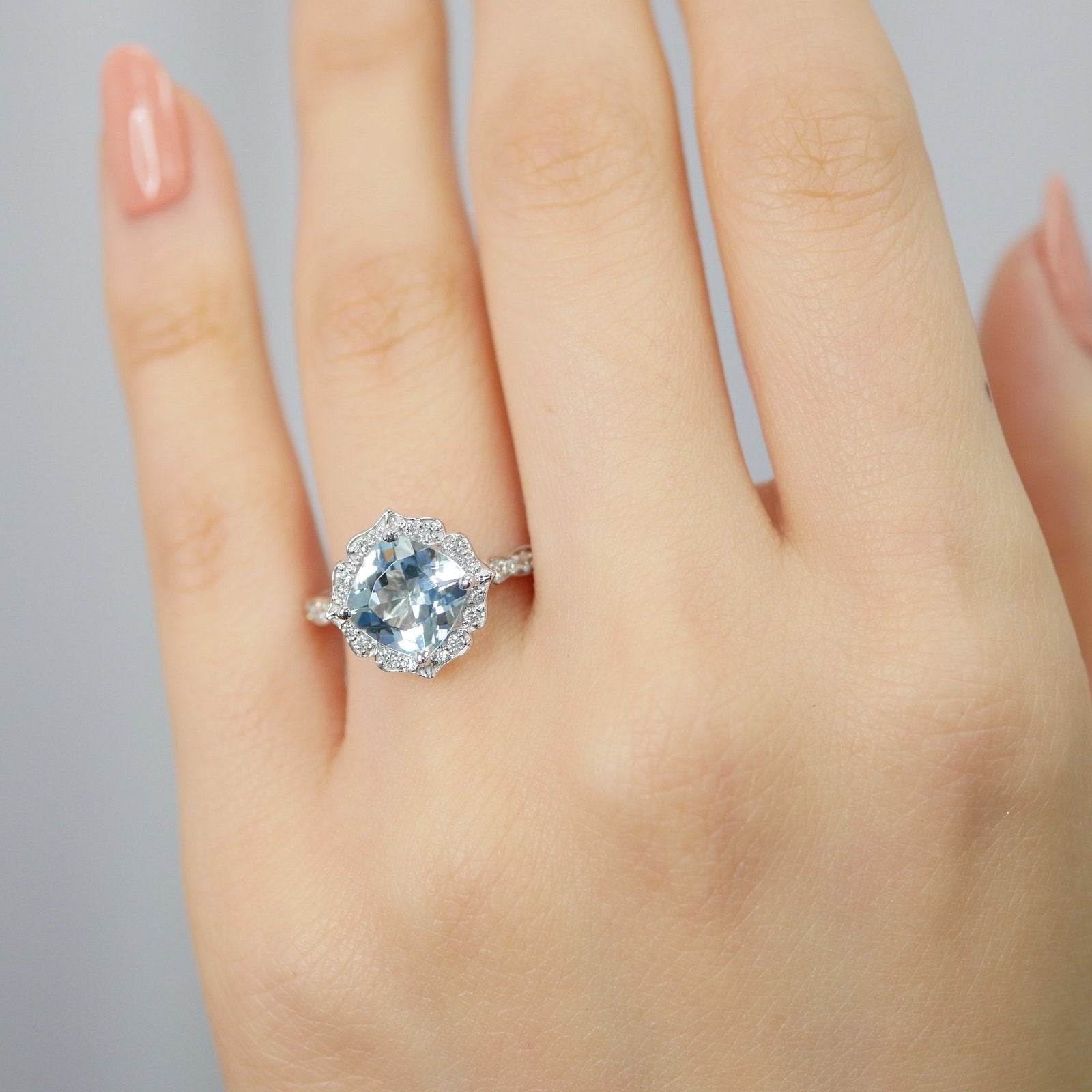 vintage floral aquamarine ring in white gold by la more design