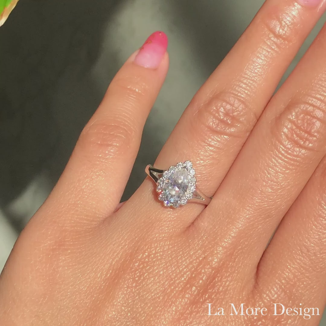 Pear moissanite engagement ring in rose gold vintage inspired diamond band by la more design jewelry