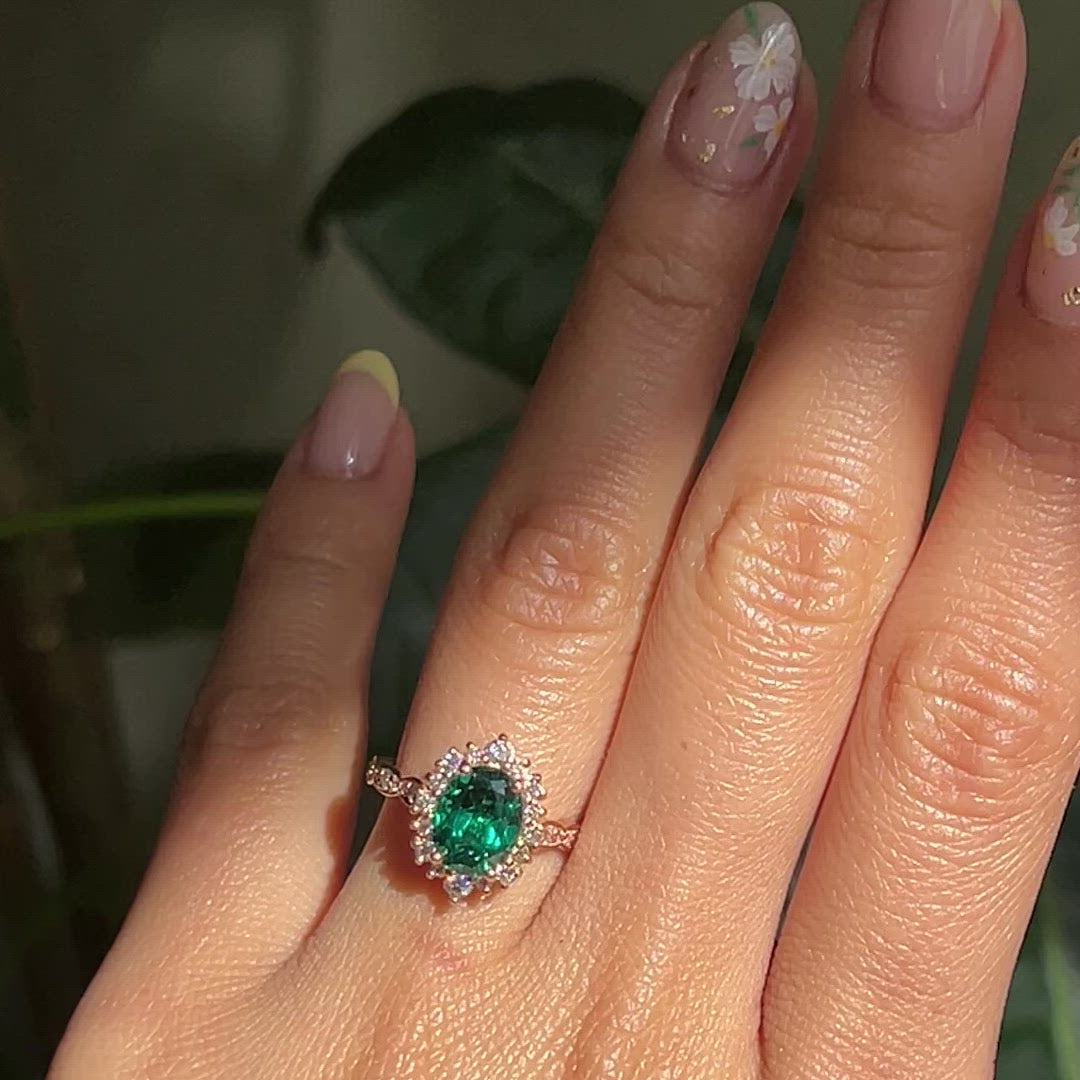 Large Tiara Halo Scalloped Ring Set w/ Oval Emerald and Large 7 Diamond U Band