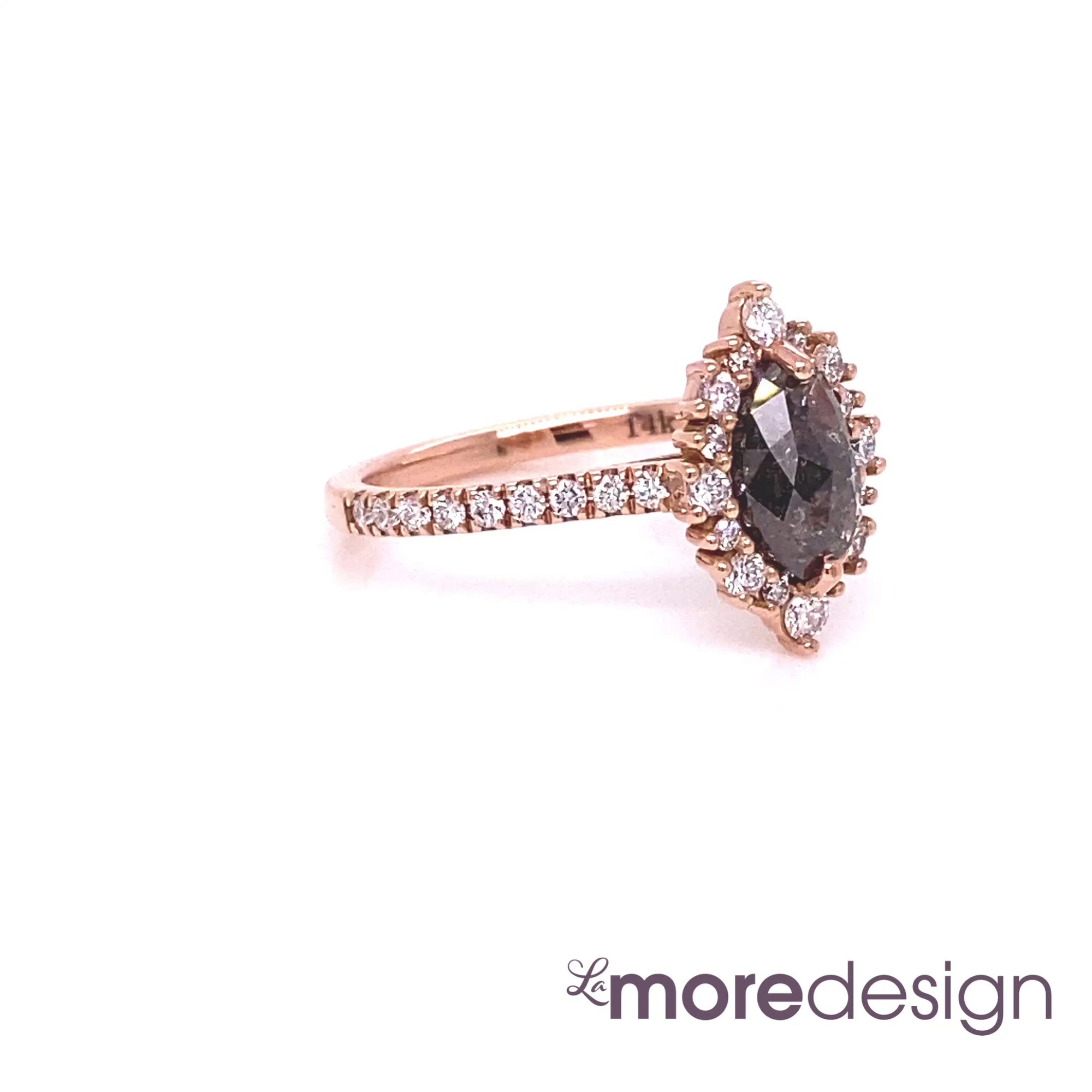 Breathtakingly stunning salt and pepper diamond engagement ring is crafted in the 14k rose gold tiara halo diamond ring setting with a 0.95-carat marquise-shaped rose cut natural grey diamond center ~ the total diamond weight of the whole ring is 1.43 ct.tw.  This unique halo diamond engagement ring will guarantee a big smile on your future bride's face! All our wedding bands can pair beautifully with this gorgeous one-of-a-kind tiara halo grey diamond ring!
